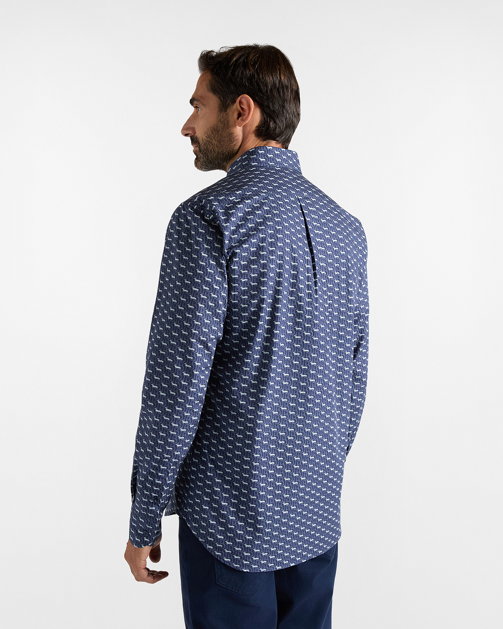 Men&rsquo;s cotton poplin shirt with all-over Bassotti print, NAVY BLUE, large