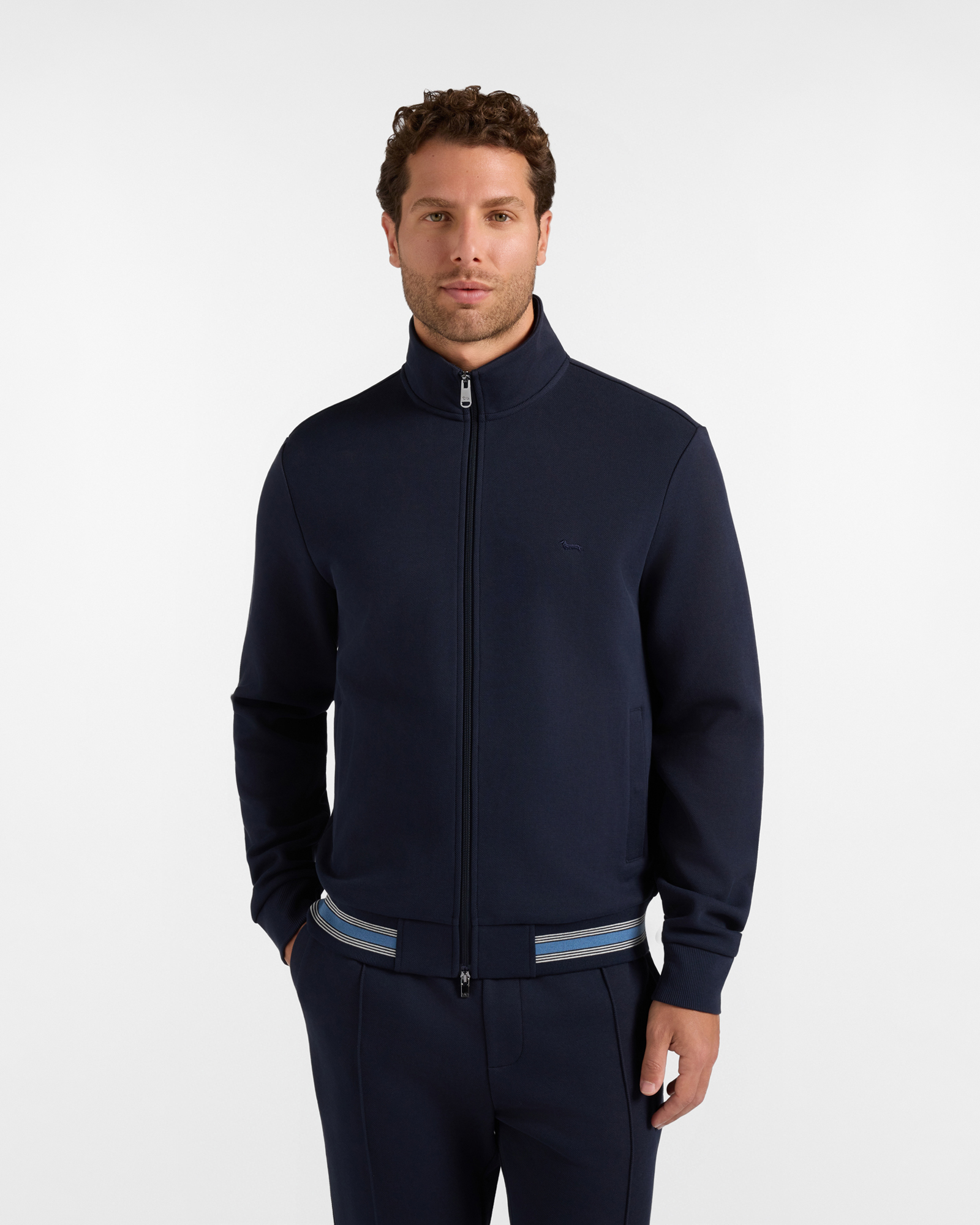 Felpa Uomo full zip in piquet blu con finiture rigate