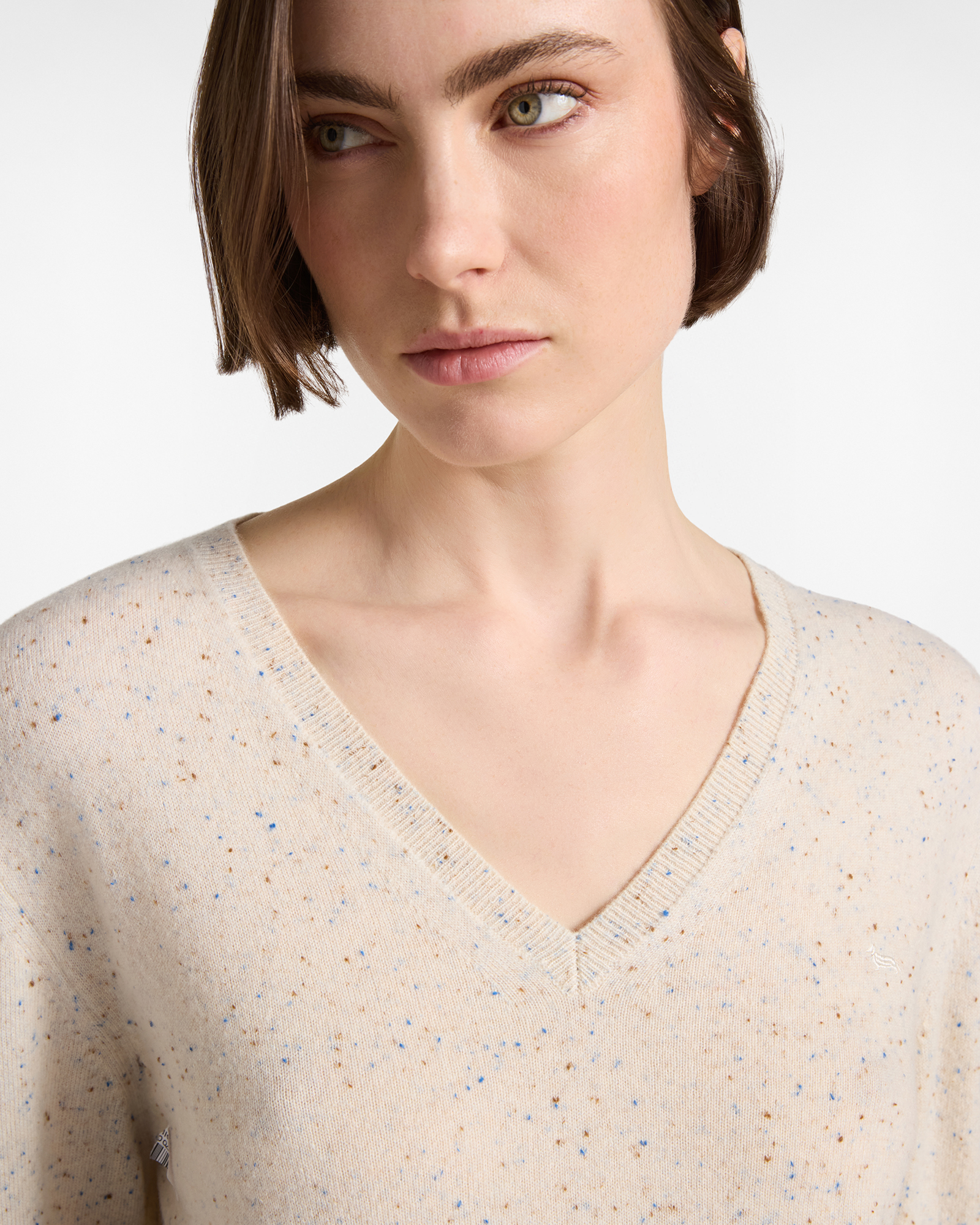 Jersey Mujer con cuello de pico en 100 % puro cachemir Made in Italy, TORTORA, large