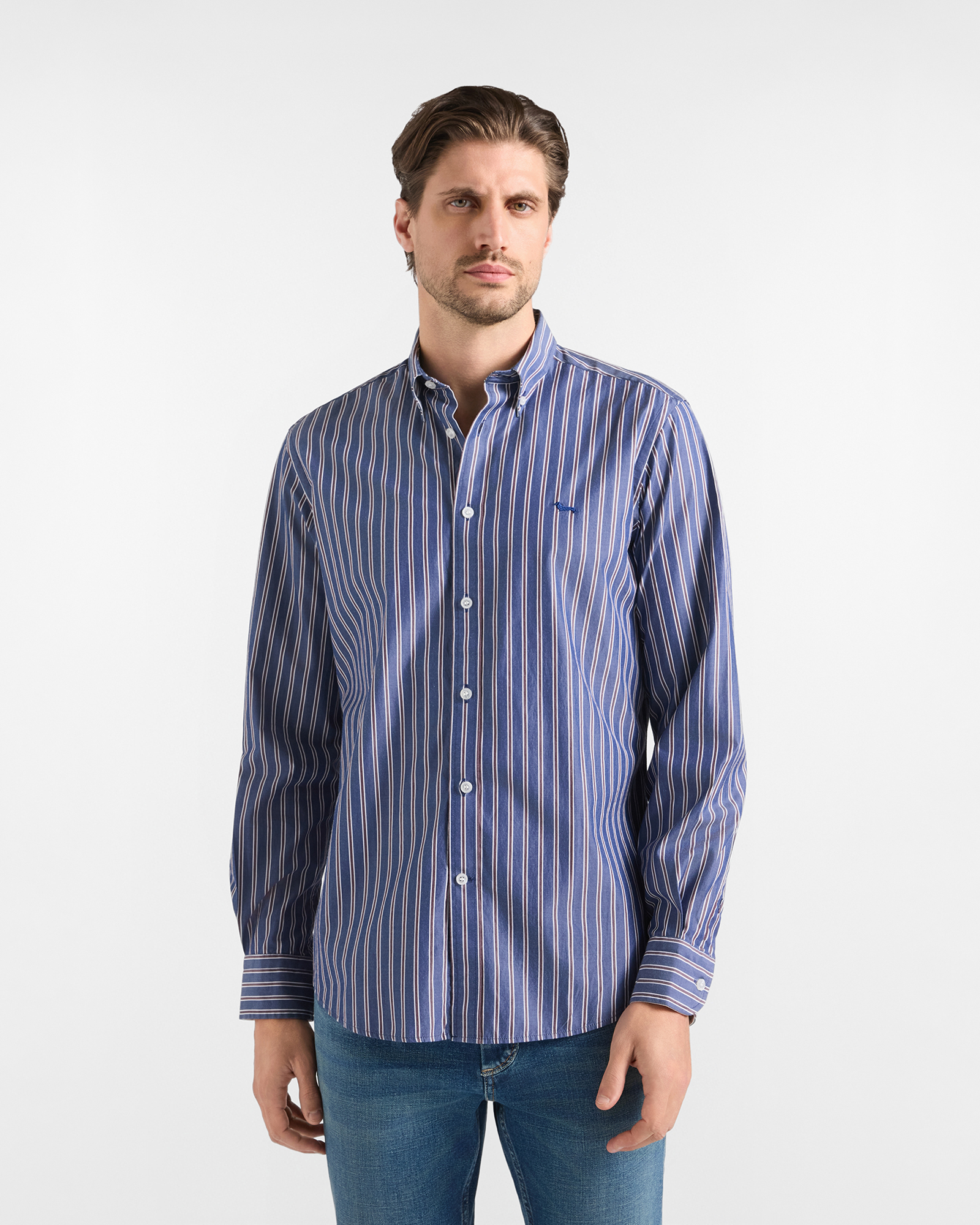 Camicia Uomo Regular Fit Righe Regimental in Cotone, BLU NAVY, large