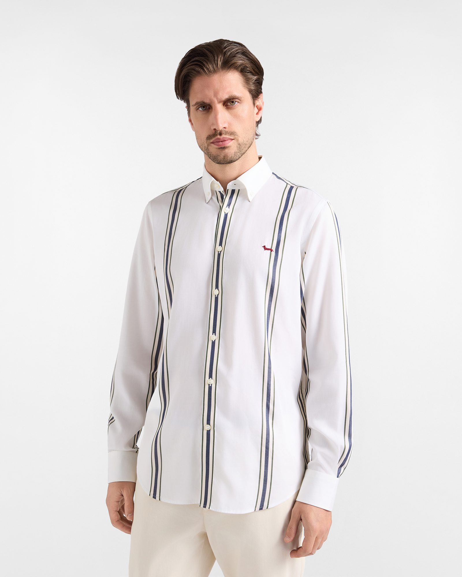 Camicia Uomo Tencel&reg; riga regimental piazzata Narrow Fit, BIANCO, large