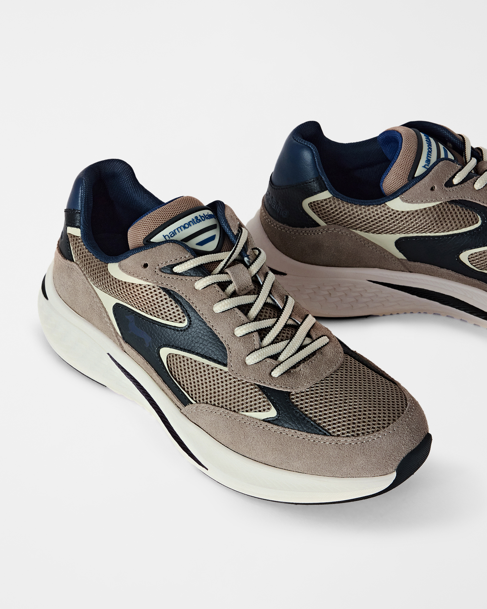 Men's suede and technical mesh sneakers, TAUPE, large