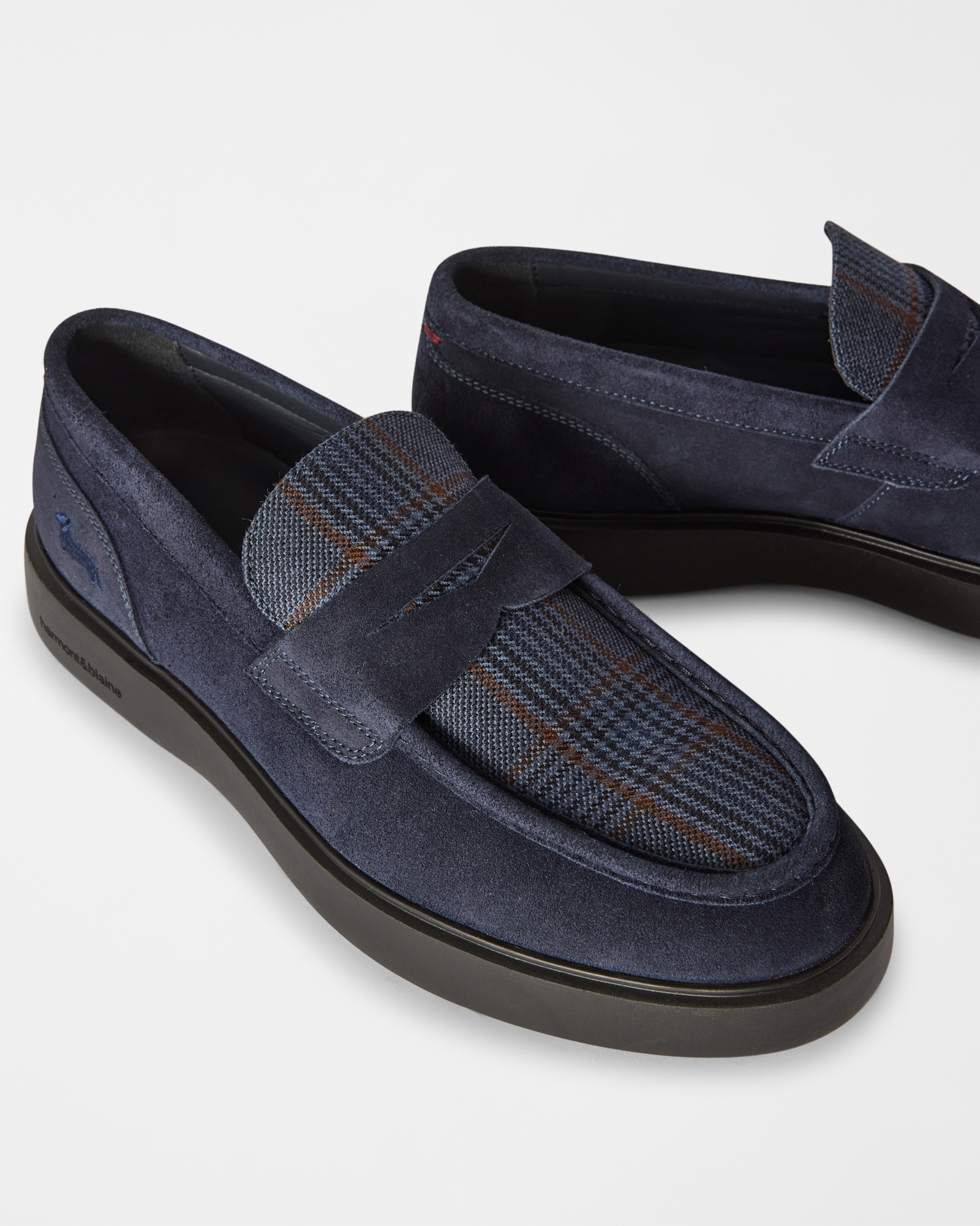 Mocassin pour Homme en Daim et Tissu Tartan, BLEU - BLEU, large