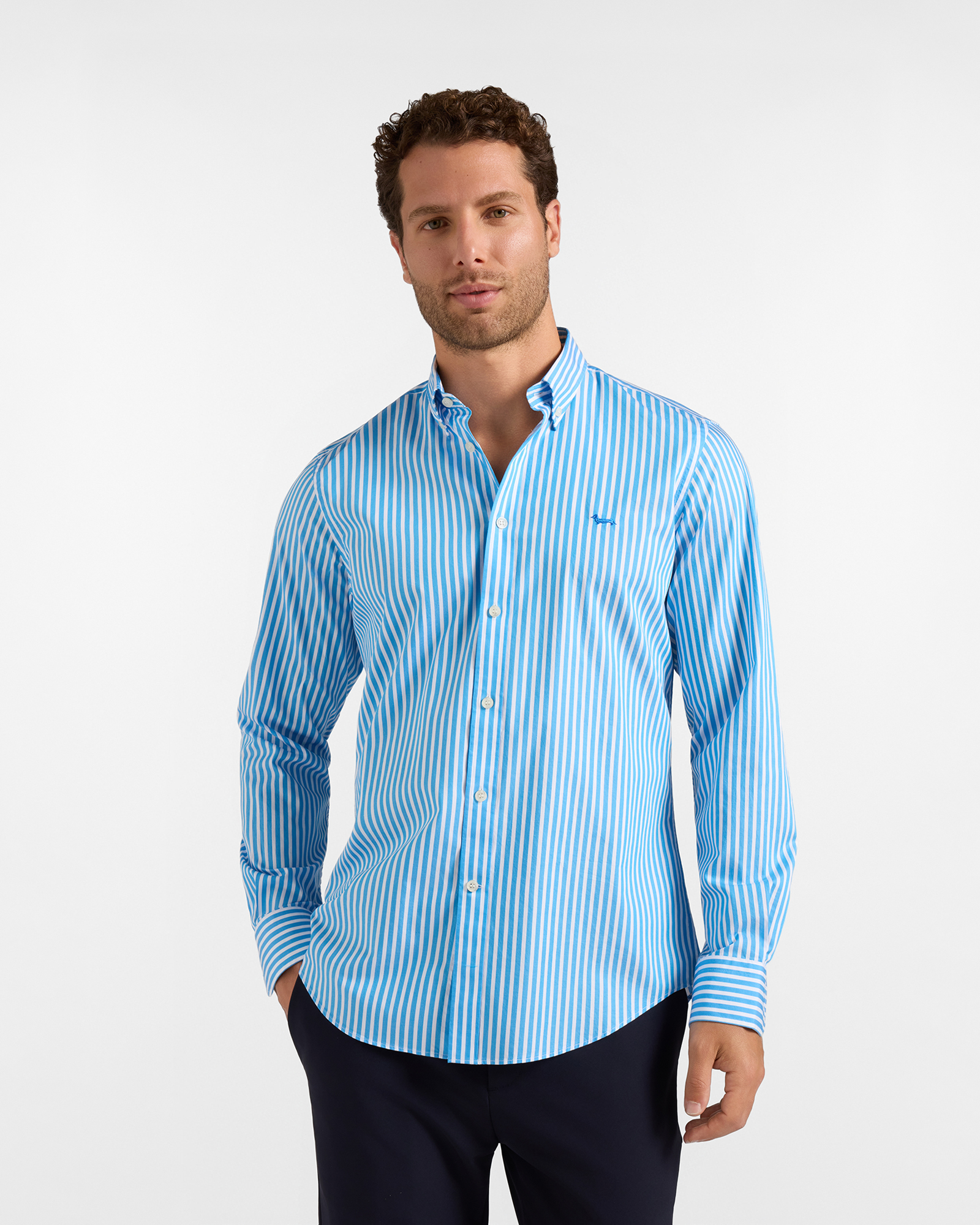 Camicia Uomo in twill con riga raso Regular Fit Turchese, AZZURRO, large