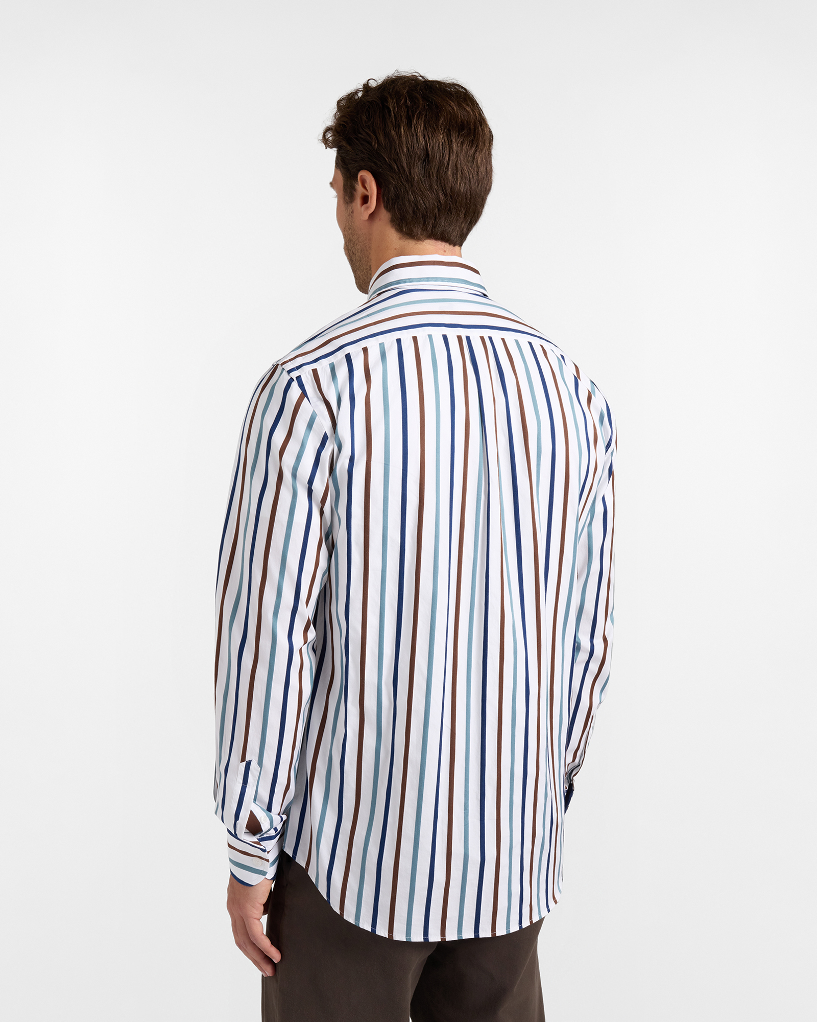 Camicia Uomo Regular Fit in Popeline Tinto Filo con Riga Raso, MARRONE SCURO, large