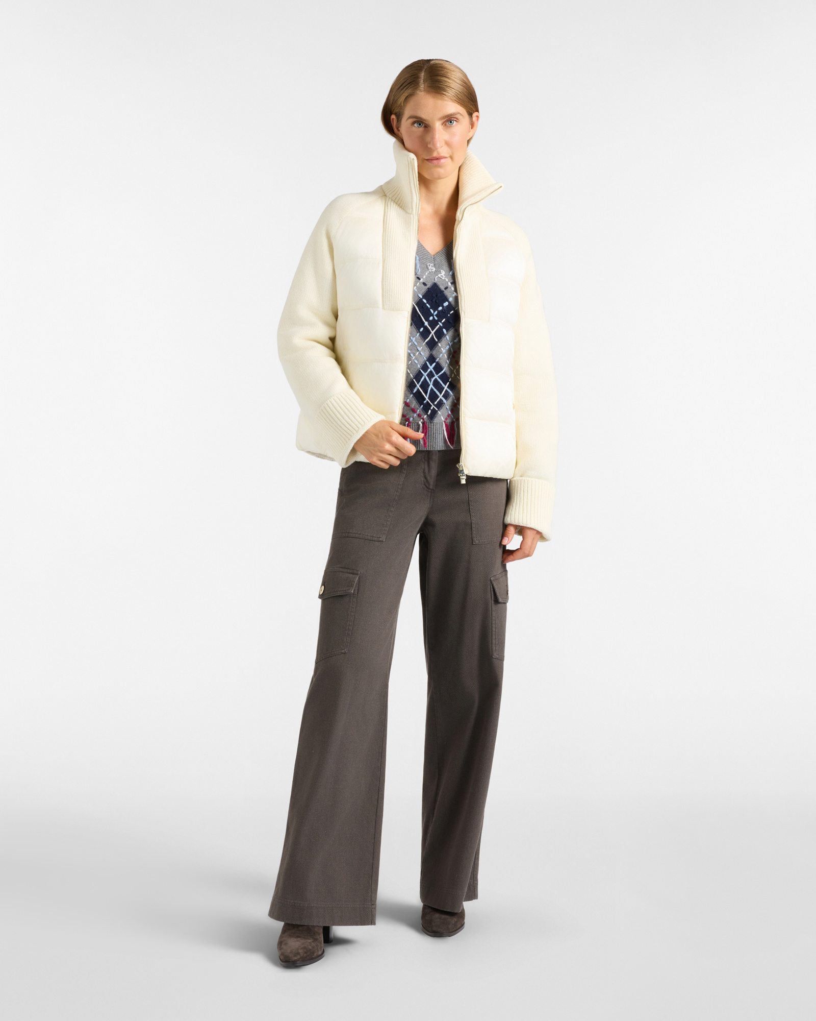 Women's V-neck sweater in gray wool blend, GRAY, large