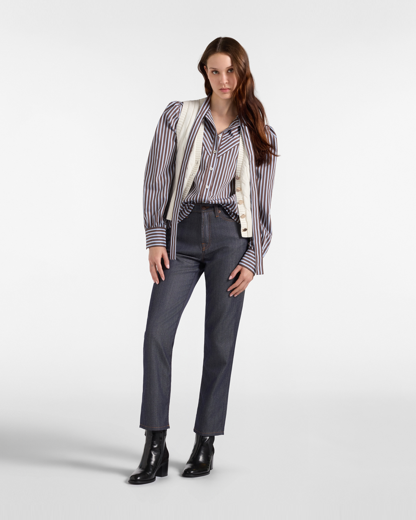 Chemise femme &agrave; rayures avec col lavalli&egrave;re Made in Italy, MARRON, large