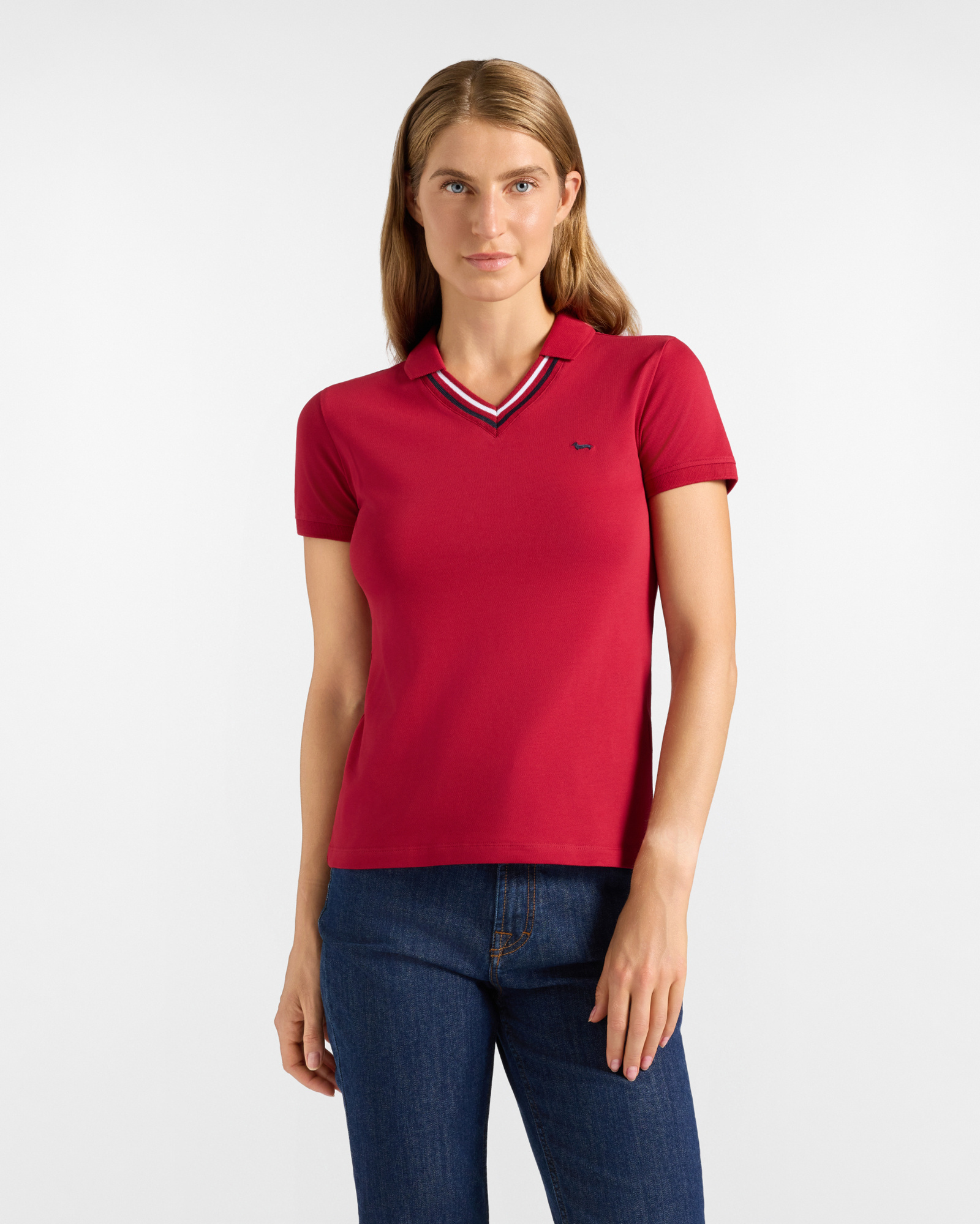 Women's short-sleeve red stretch cotton polo shirt