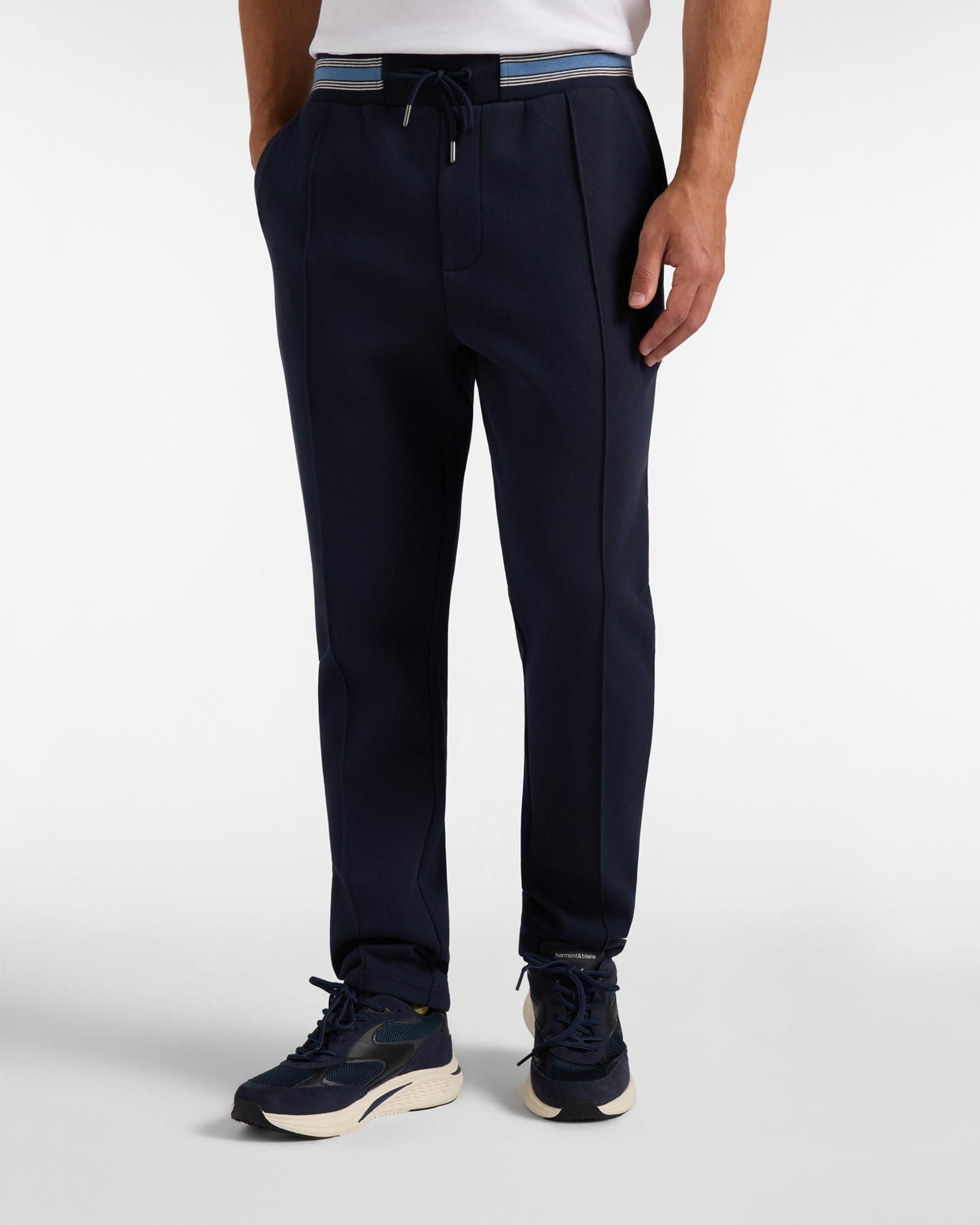 Pantalone Uomo in felpa piquet blu con cinta rigata