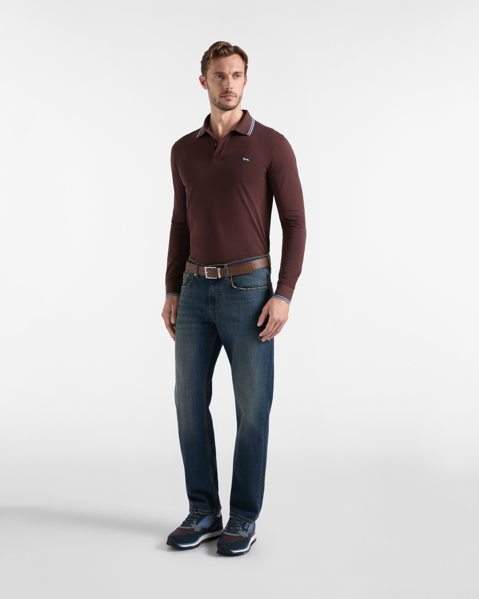 Langarm-Poloshirt f&uuml;r Herren aus Piqu&eacute; aus 100 % reiner Baumwolle, DUNKELBRAUN, large