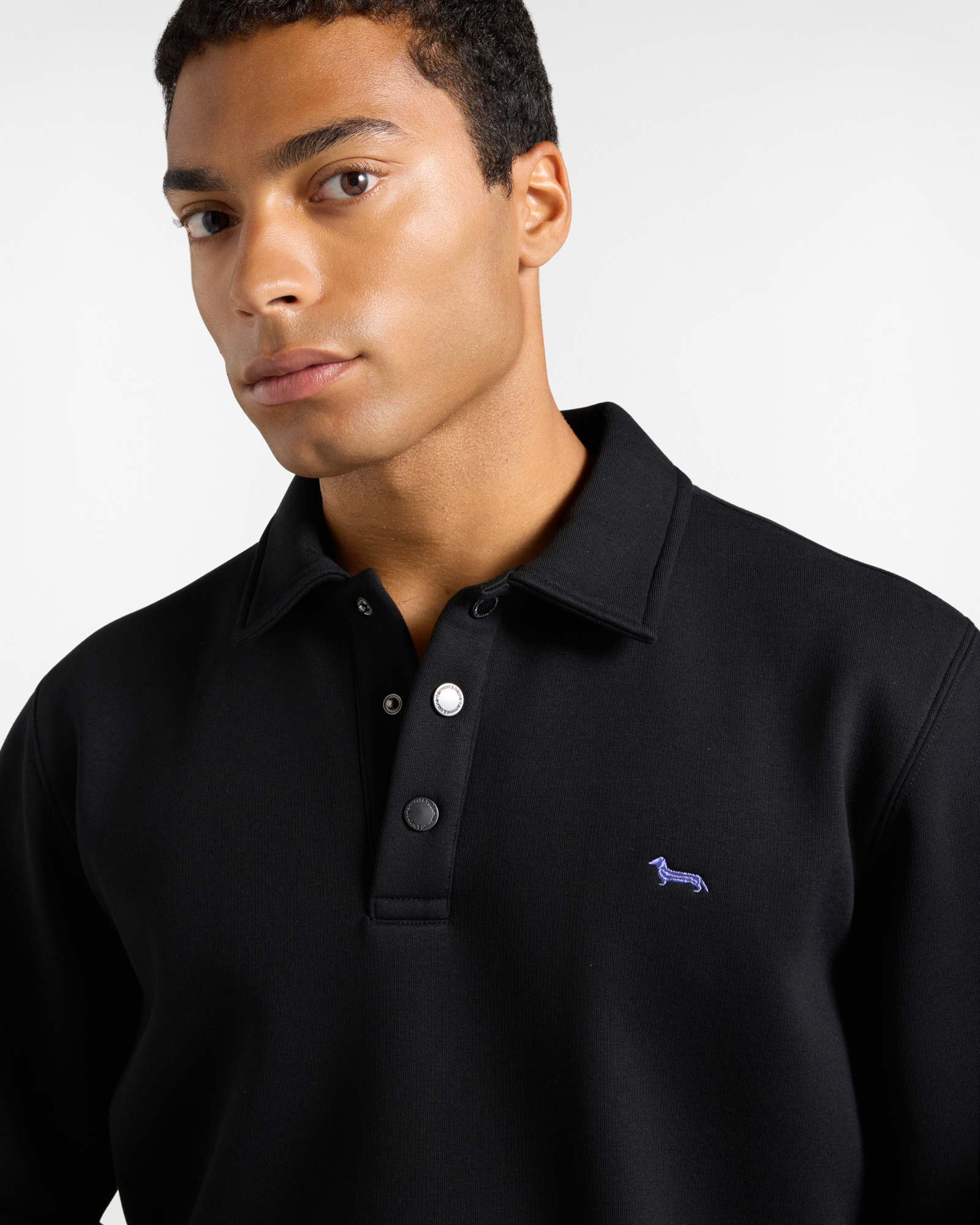 Men's black polo collar sweatshirt with snap buttons, BLACK, large