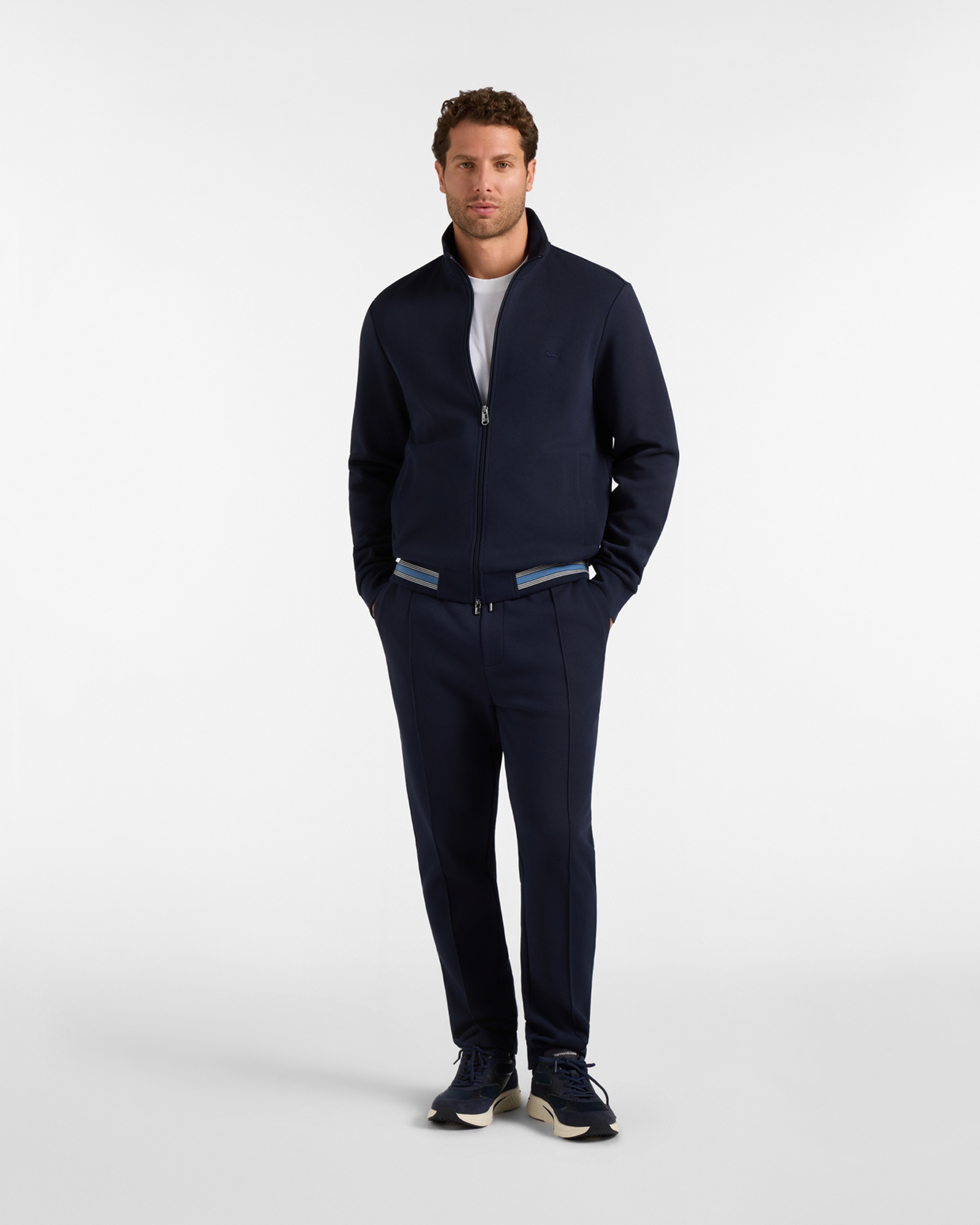 Felpa Uomo full zip in piquet  con finiture rigate, BLU NAVY, large