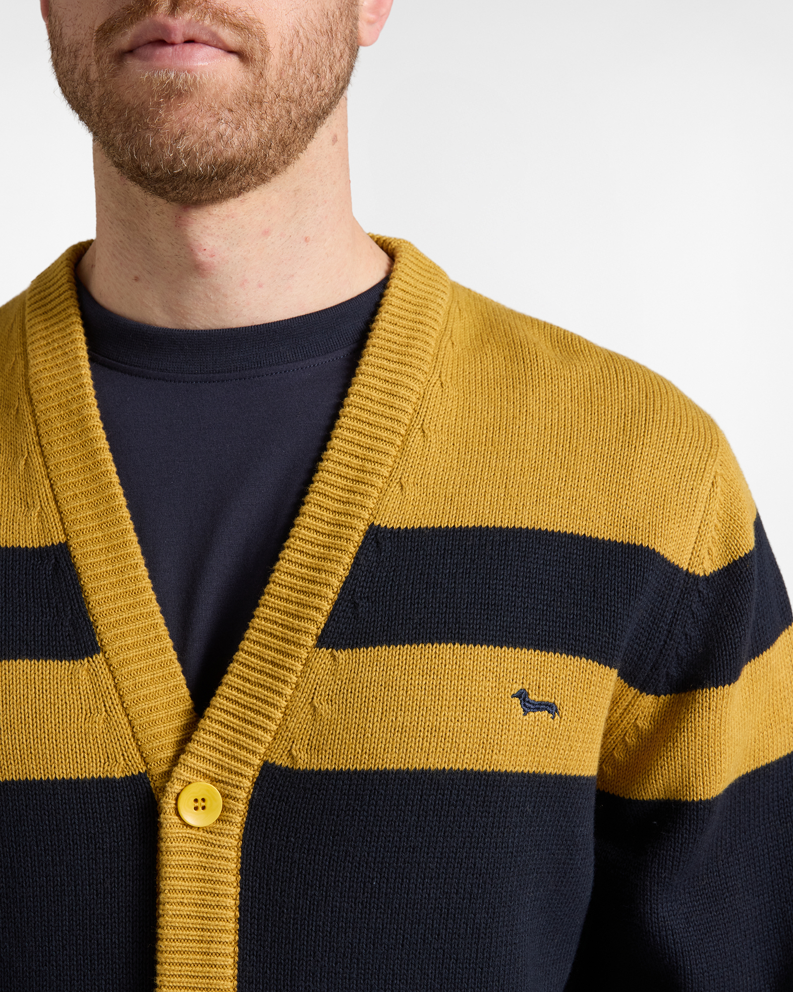 Men's Made in Italy V-neck cardigan in a wool and cotton blend with regular fit, BLACK-YELLOW, large