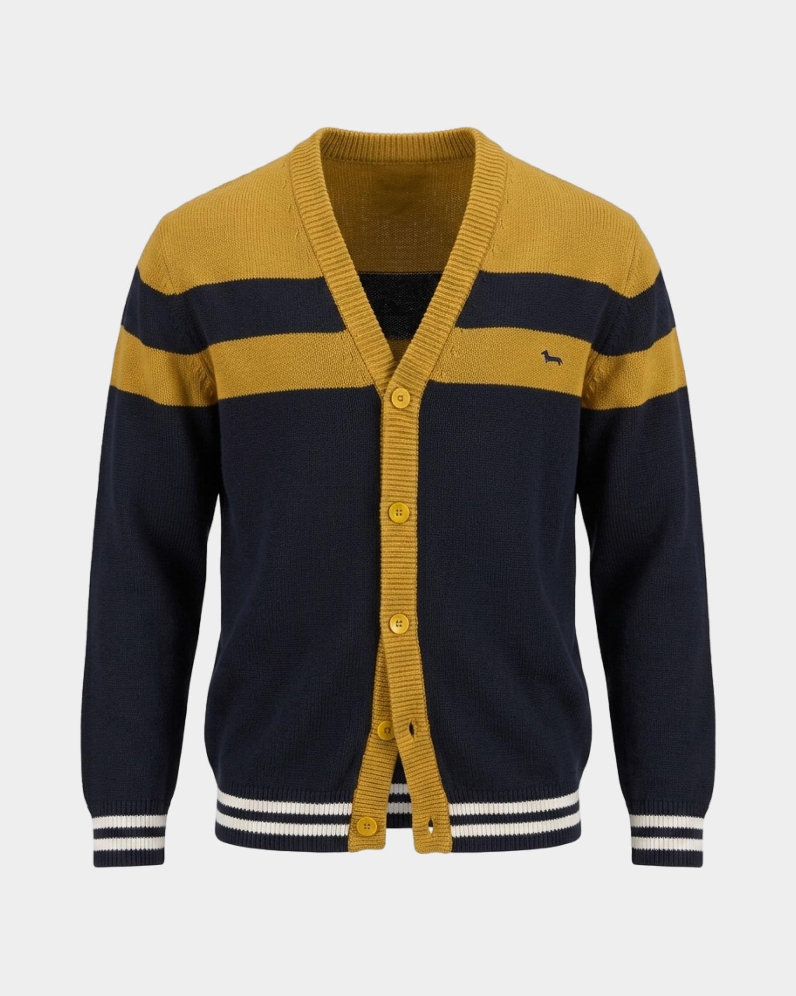 C&aacute;rdigan Hombre con cuello de pico c&aacute;rdigan en mezcla de lana y algod&oacute;n Regular Fit Made in Italy, NEGRO-AMARILLO, large