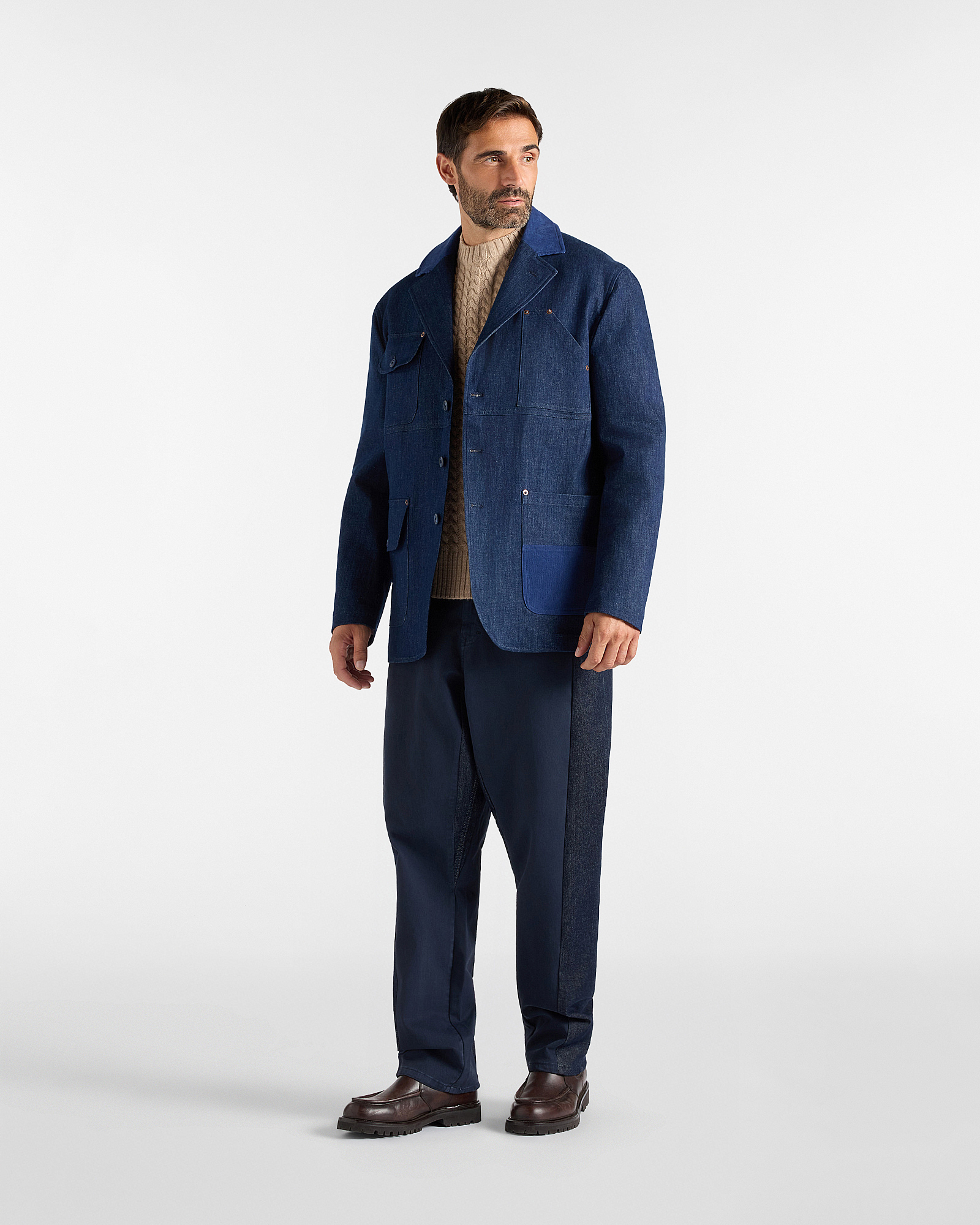 Chaqueta de hombre Re-Loved de denim de algod&oacute;n el&aacute;stico con detalles de terciopelo, fabricada en Italia, AZUL DENIM, large