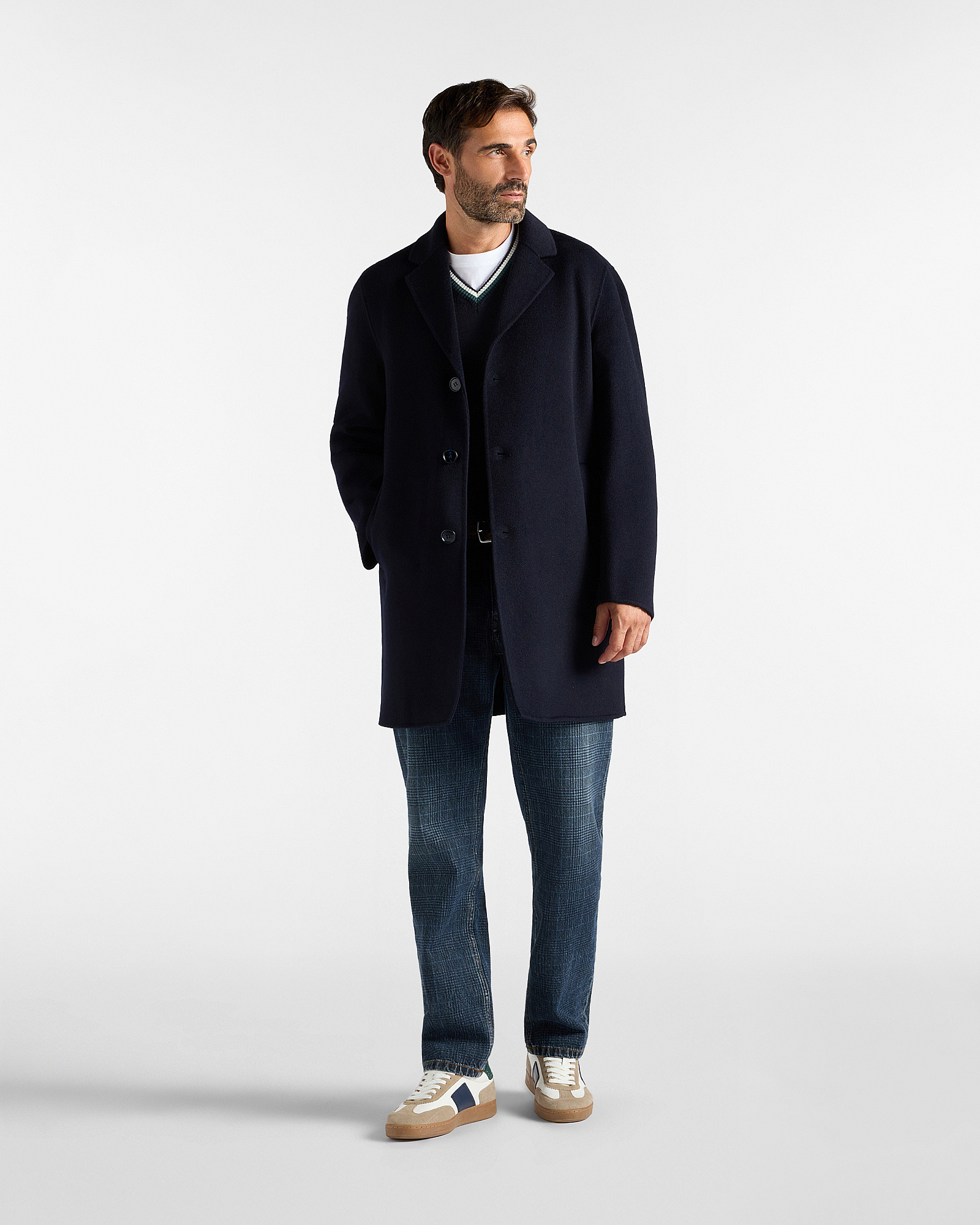 Men's  single-breasted pure wool coat, NAVY BLUE, large