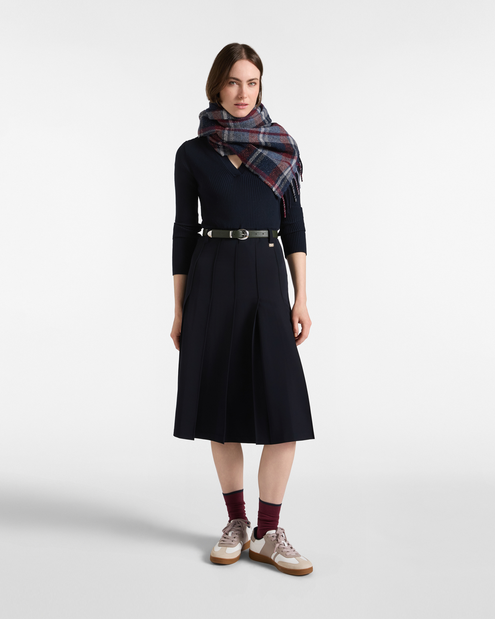 Women's two-material midi dress with ribbed bodice and belt, NAVY BLUE, large