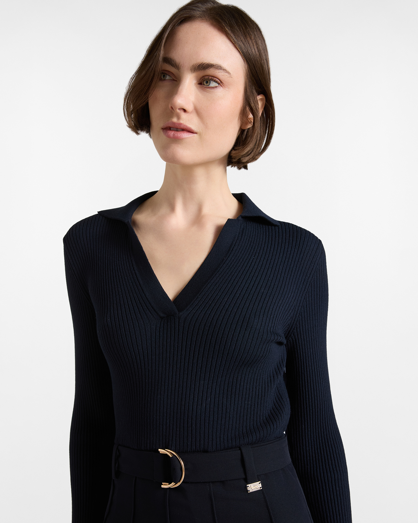 Women's two-material midi dress with ribbed bodice and belt, NAVY BLUE, large