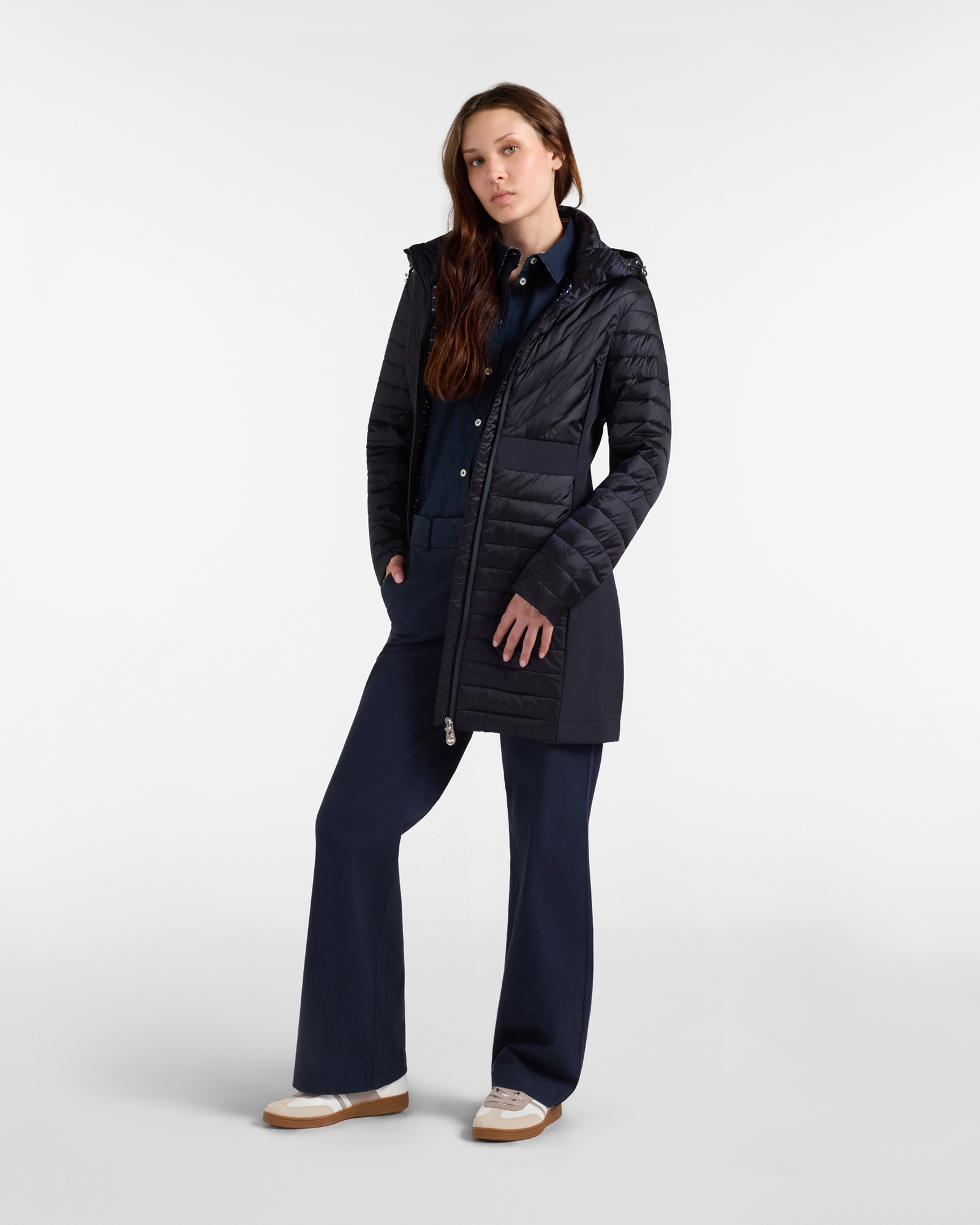 Giubbino da donna trapuntato lungo Slim Fit, BLU NAVY, large