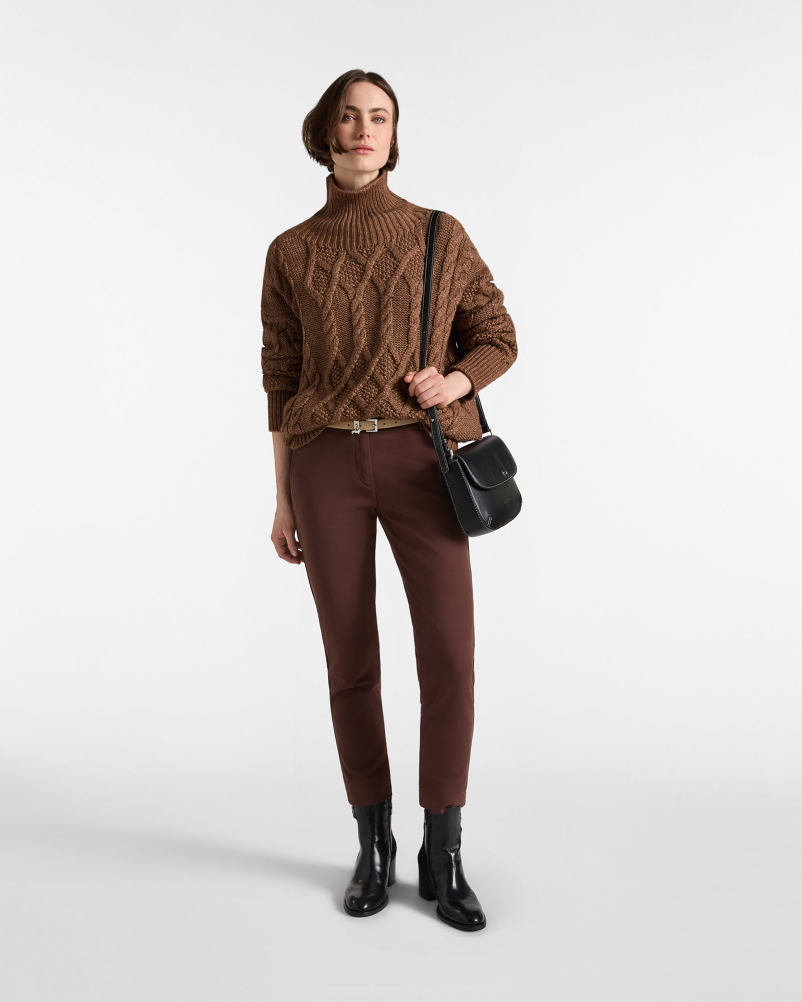 Damen-Maxi-Pullover mit Rollkragen aus Wollmischung mit Kaschmir und Baumwolle im Oversize-Look, DUNKELBRAUN, large
