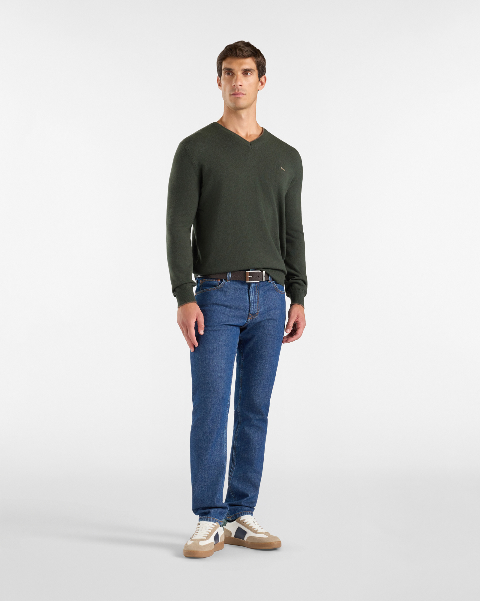 Men's regular fit V-neck sweater in a  wool and cashmere blend, SPORT GREEN, large