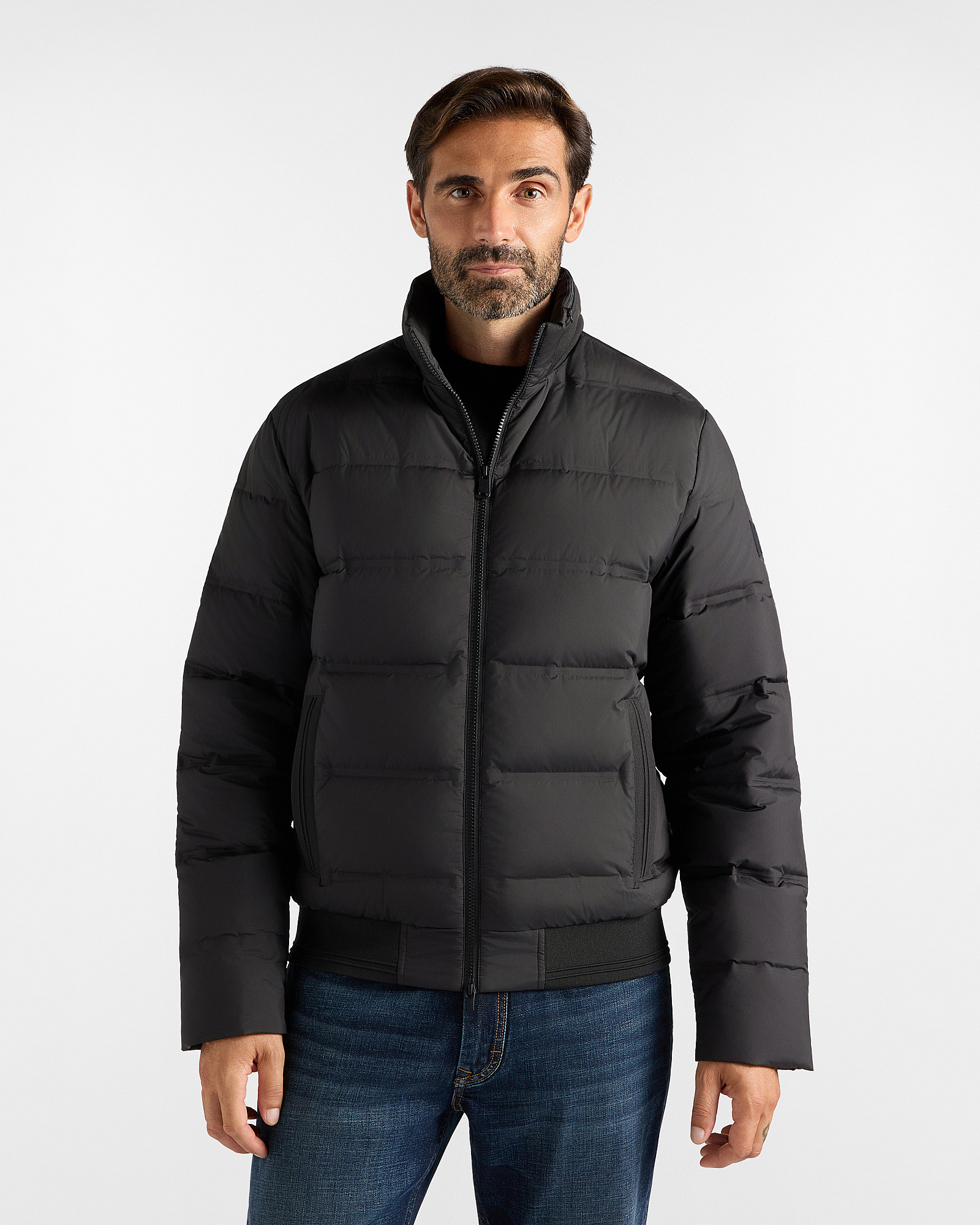 Men&rsquo;s bomber jacket with ribbed collar in black technical fabric