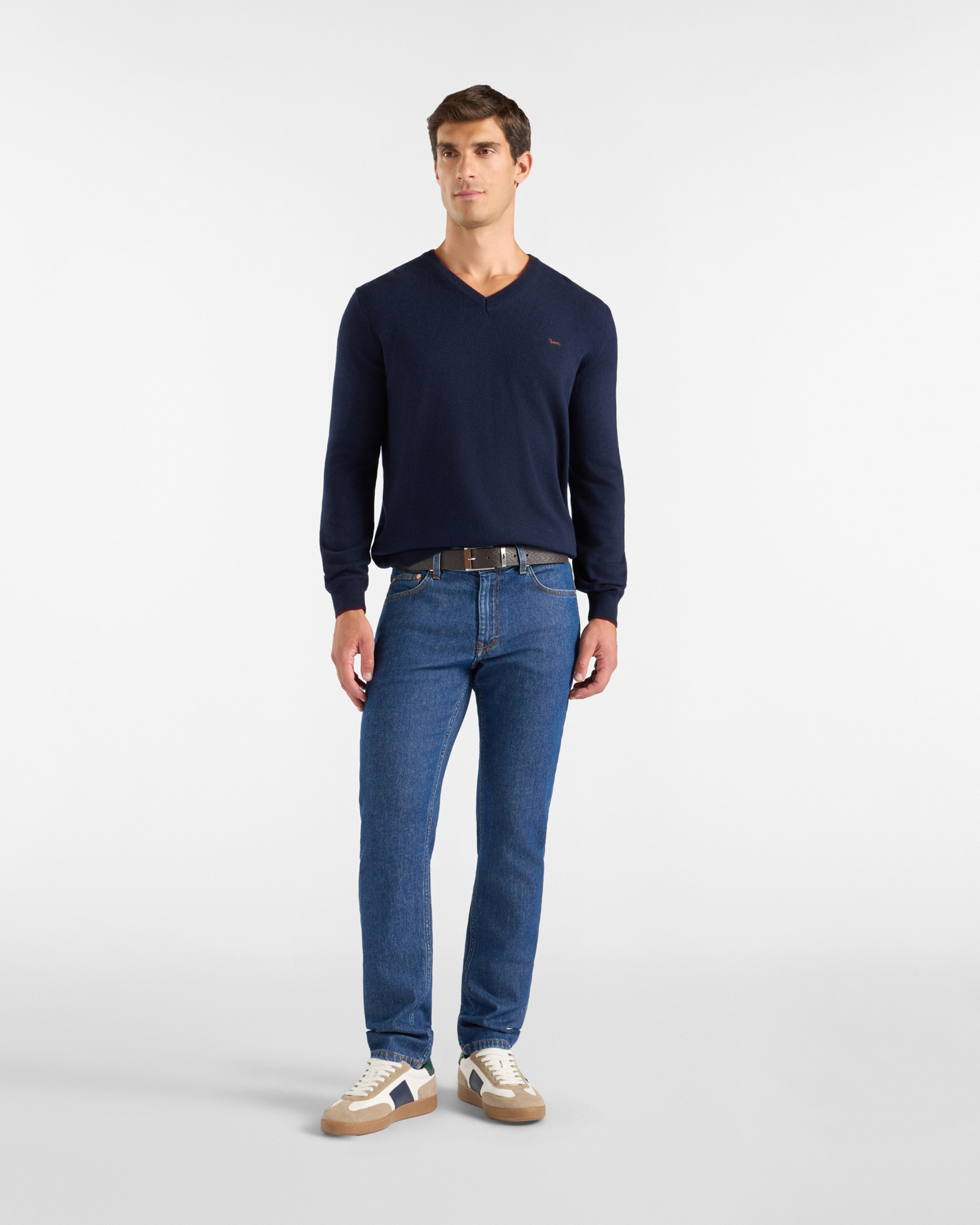 Men's regular fit V-neck sweater in a  wool and cashmere blend, NAVY BLUE, large