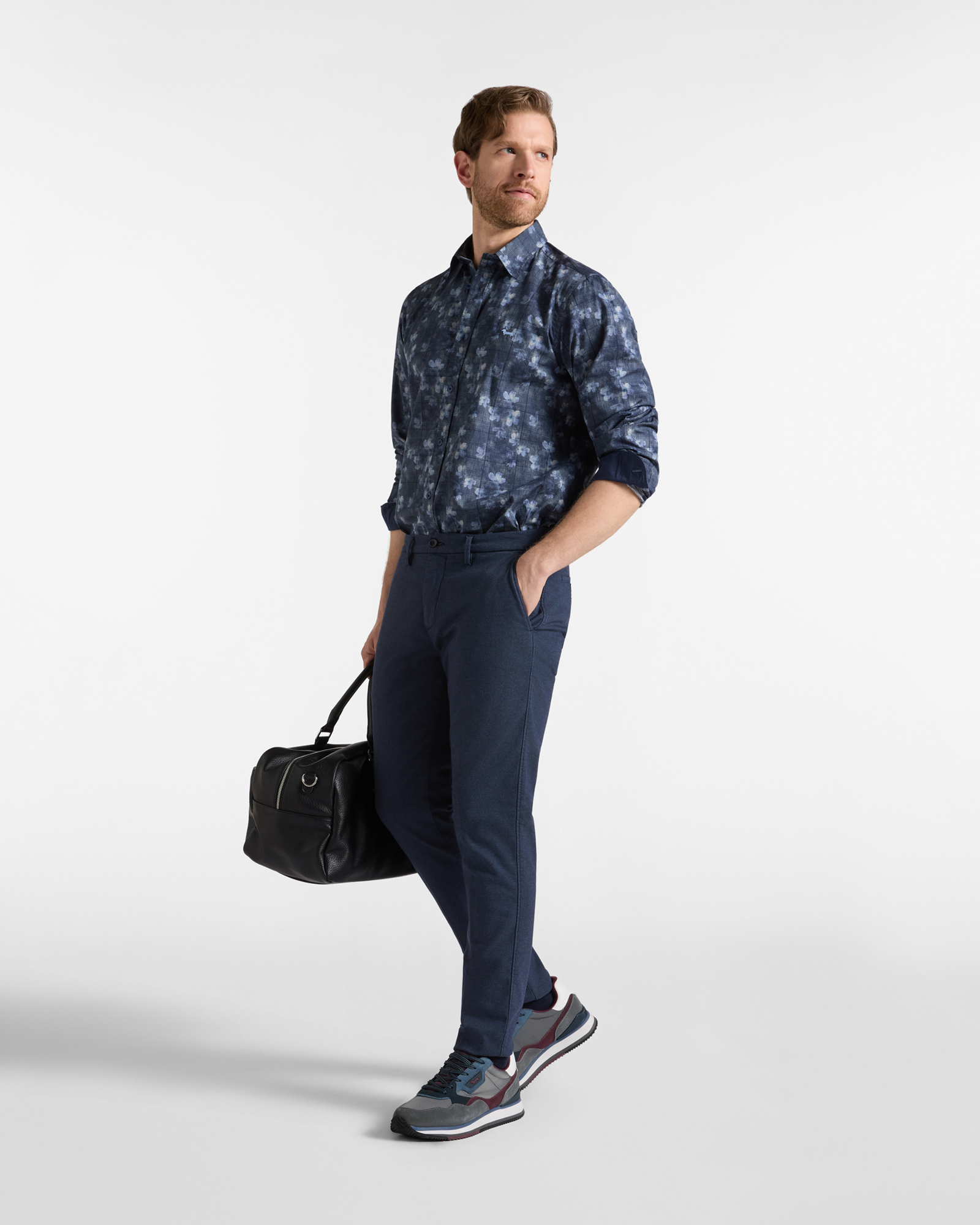 Chemise homme en popeline &agrave; imprim&eacute; Prince de Galles et fleurs Regular Fit, BLEU MARINE, large