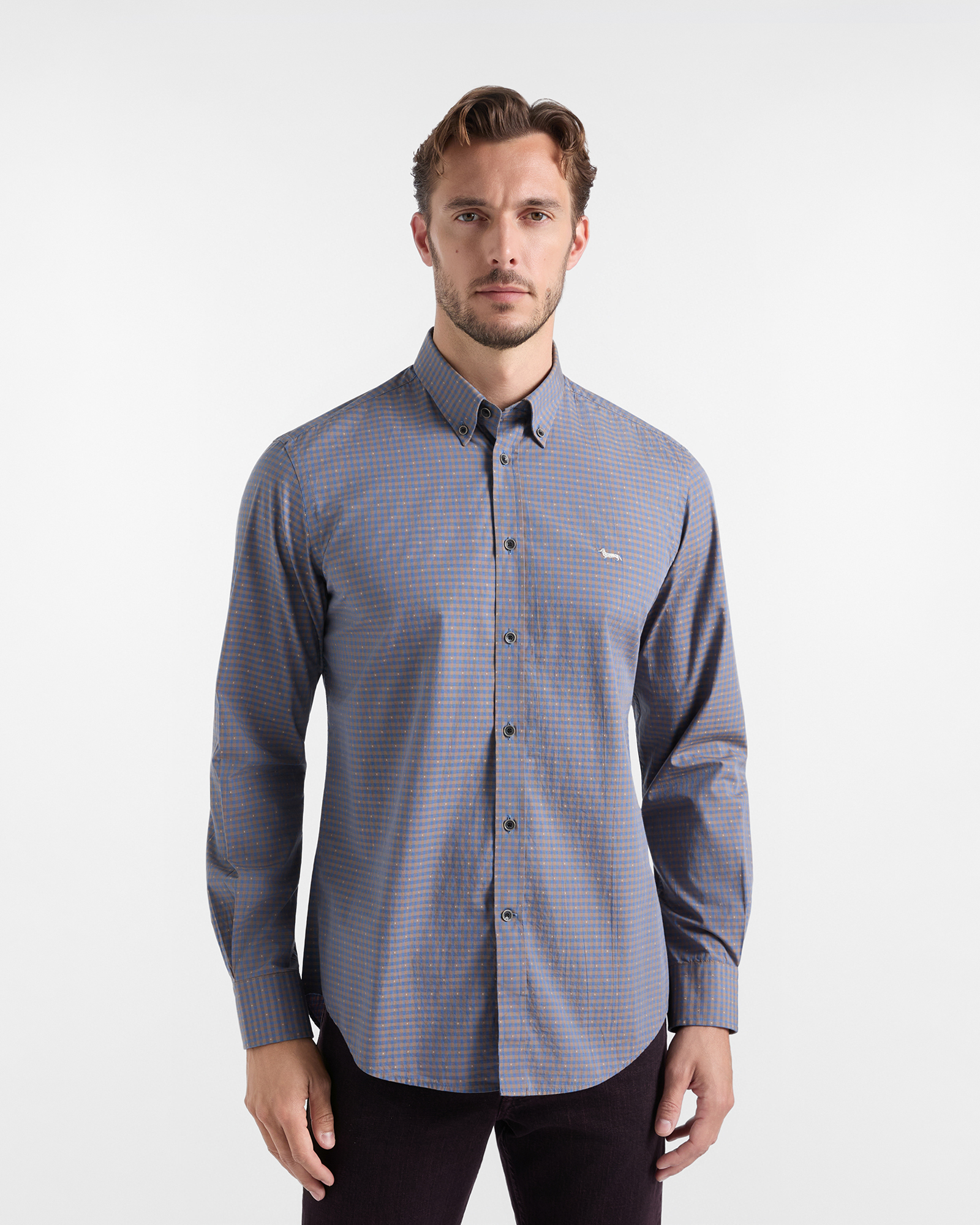Camicia Uomo in cotone micro check fil coup&eacute; marrone scuro