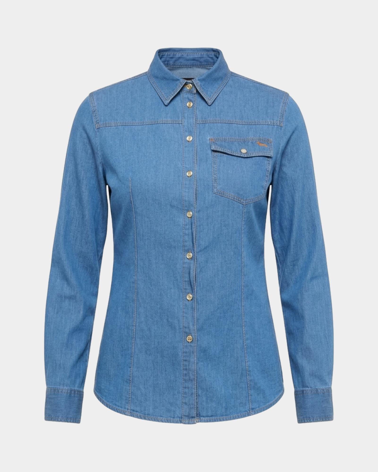 Camicia Donna basic in denim  con taschino, BLU DENIM, large