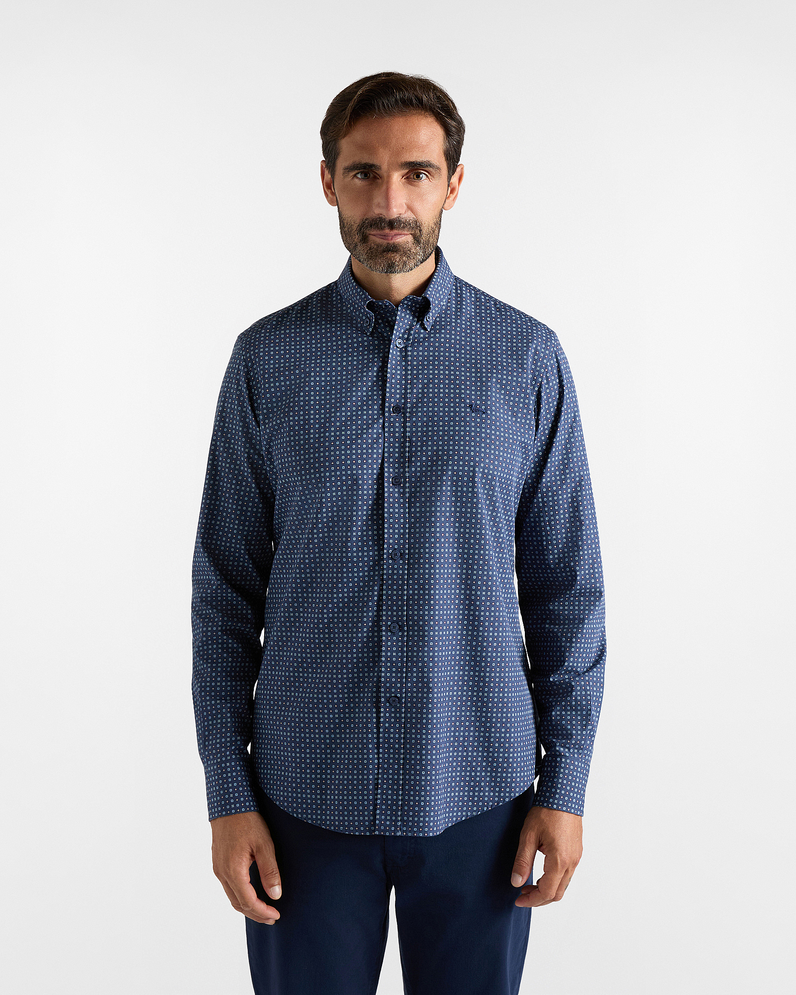 Men's regular-fit dark blue shirt with micro-tie print