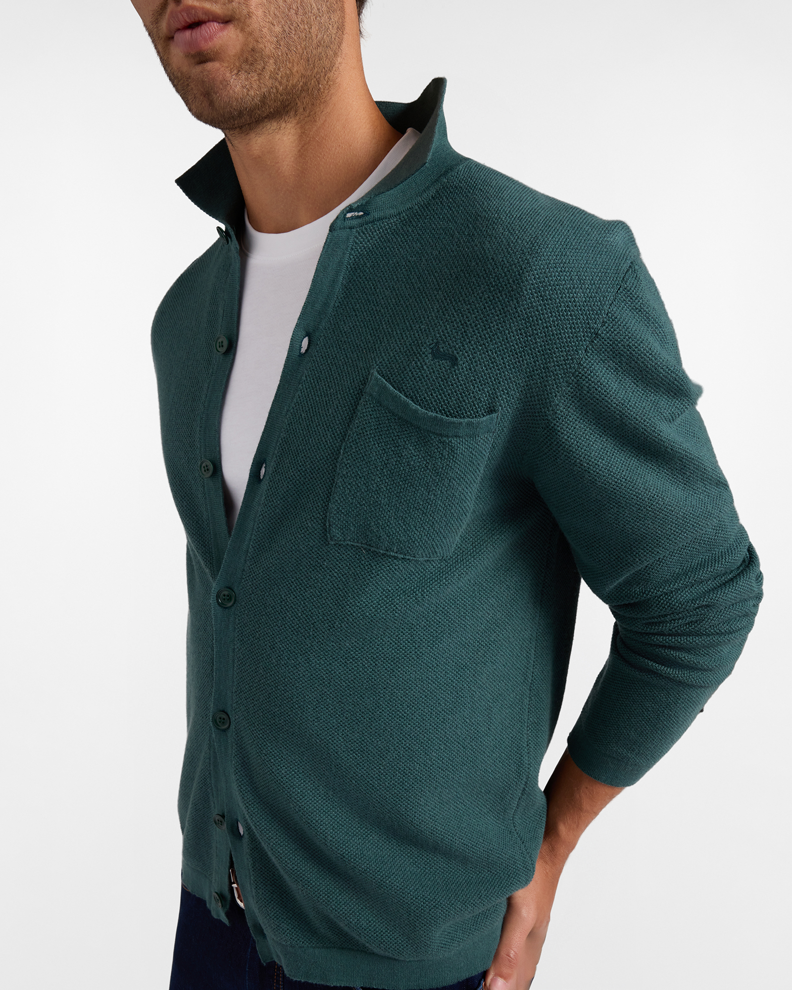 Men's Made in Italy buttoned polo shirt collar sweater in  wool and cotton blend with regular fit, BOTTLE GREEN, large