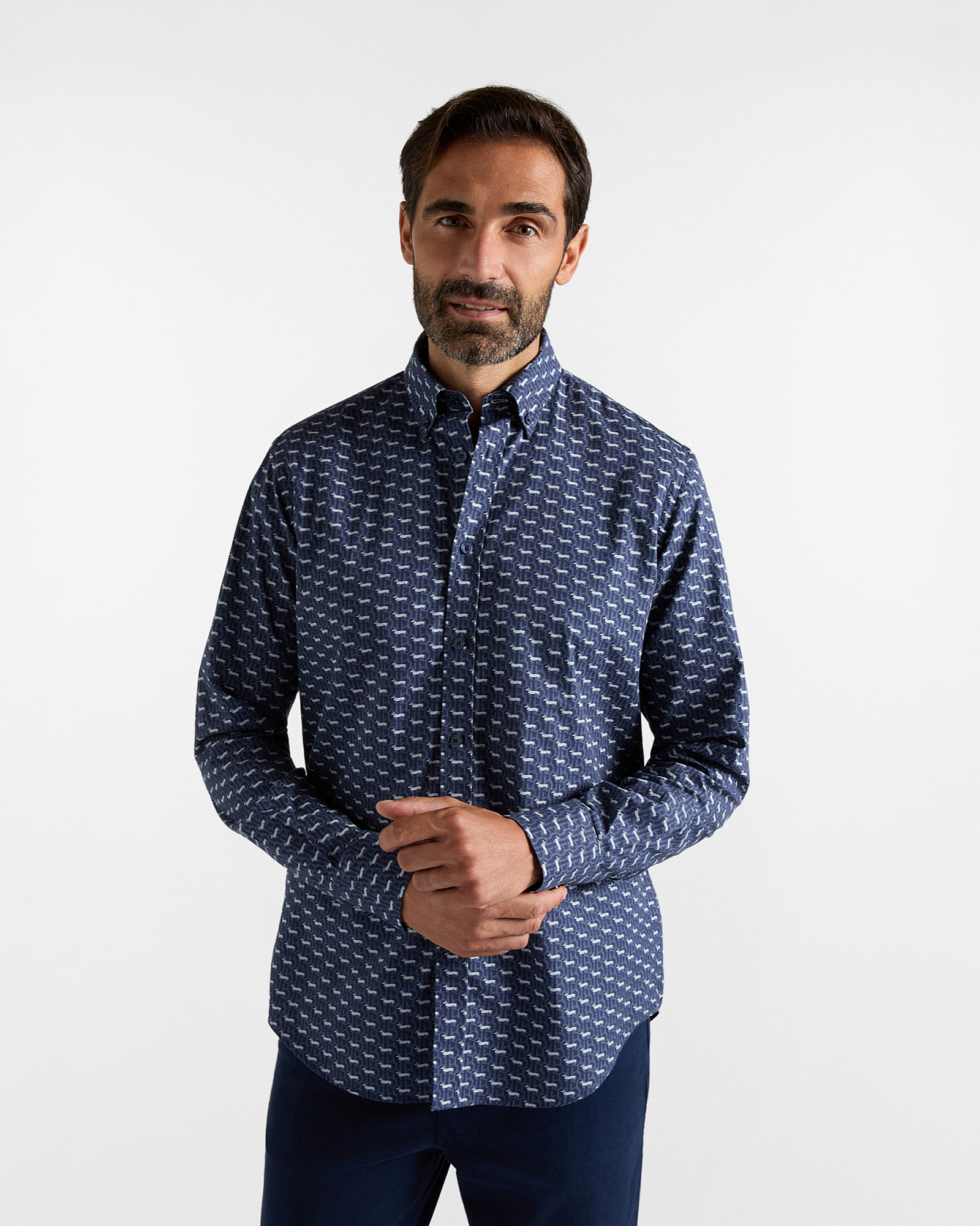 Men&rsquo;s navy blue cotton poplin shirt with all-over Bassotti print