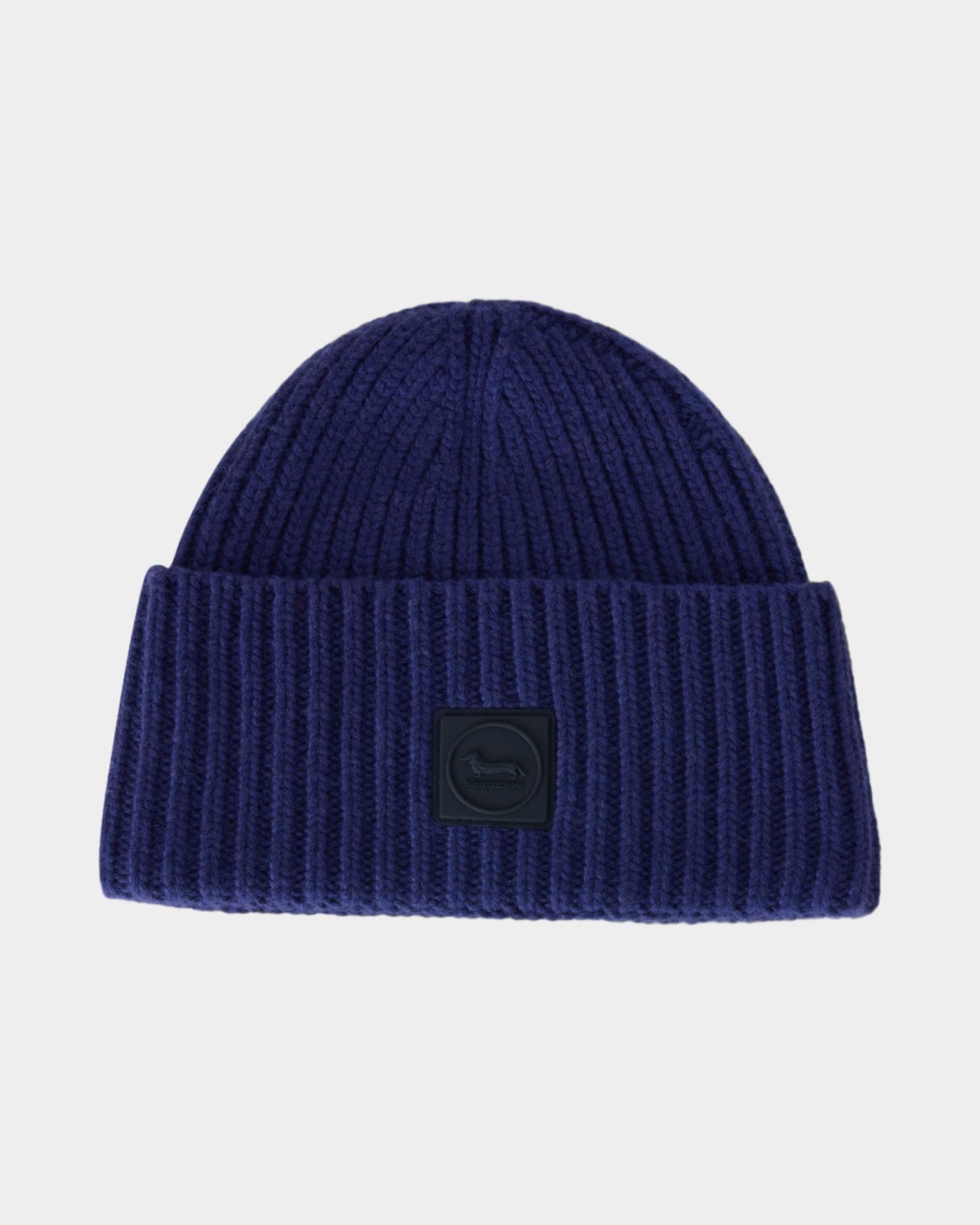 Men&rsquo;s wool and cashmere blend beanie with dachshund patch, DARK PURPLE, large