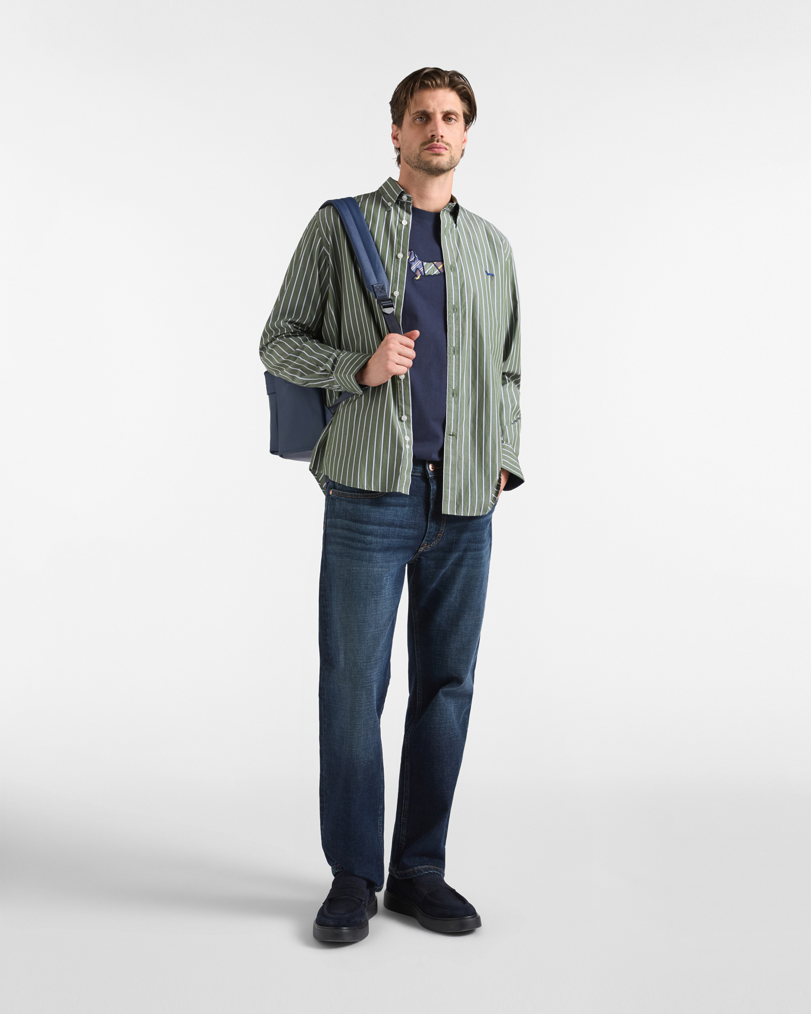 Men's regular-fit cotton shirt with regimental stripes, SPORT GREEN, large