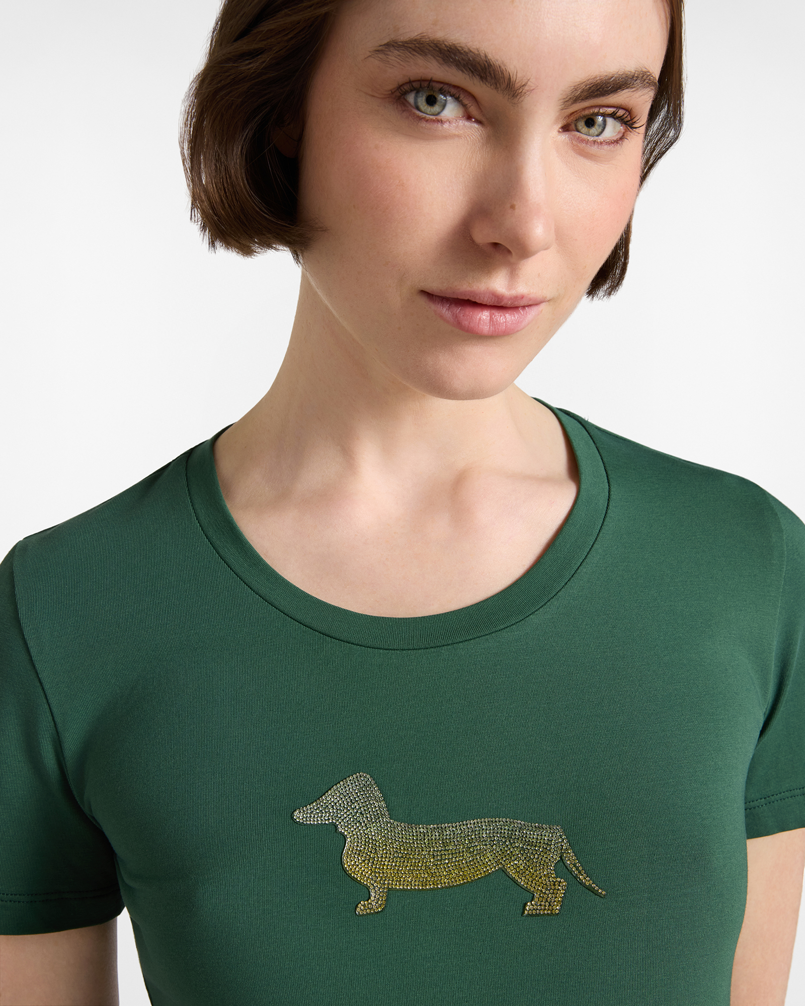 Women's  stretch cotton T-shirt with glitter maxi dachshund, GREEN, large