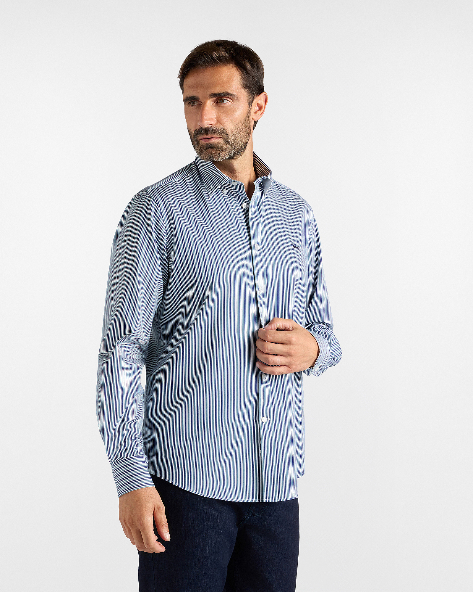 Camicia Uomo a righe in twill tinto filo Regular Fit verde/blu