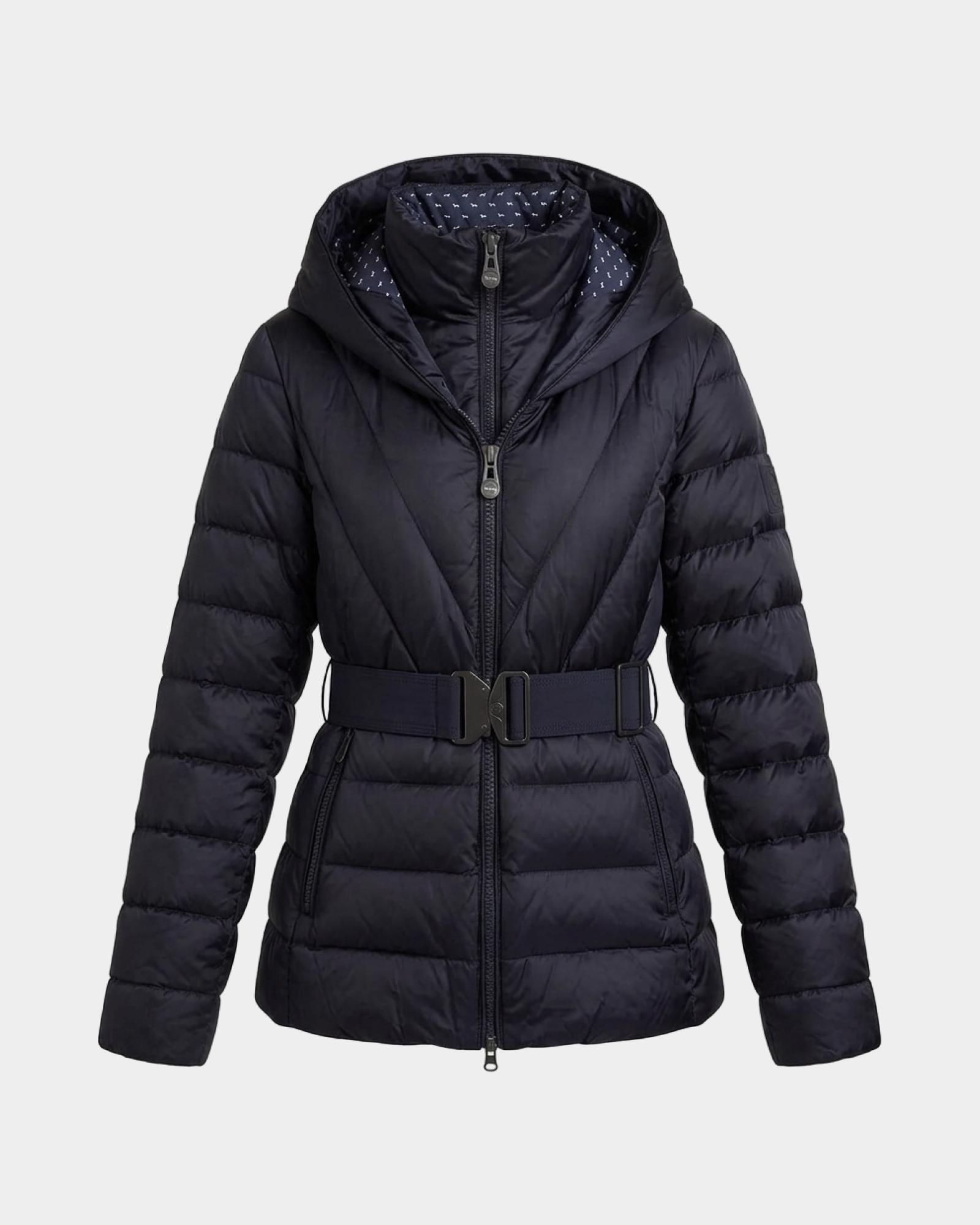 Chaqueta de plum&oacute;n para mujer con doble cuello y capucha, confeccionada en nailon t&eacute;cnico, AZUL, large