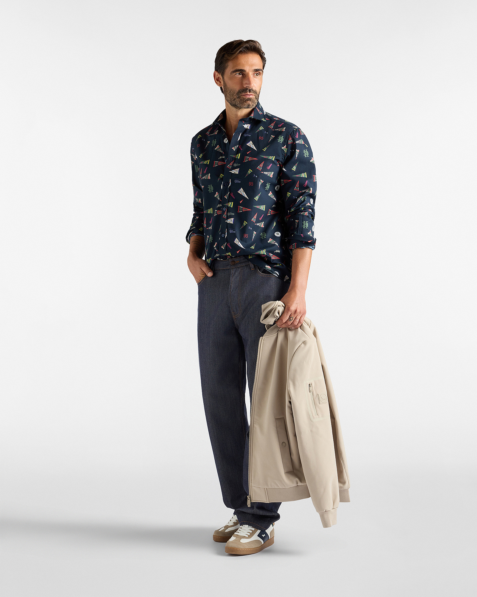 Camicia Uomo popeline stampa bandiera Regular Fit, BLU NAVY, large