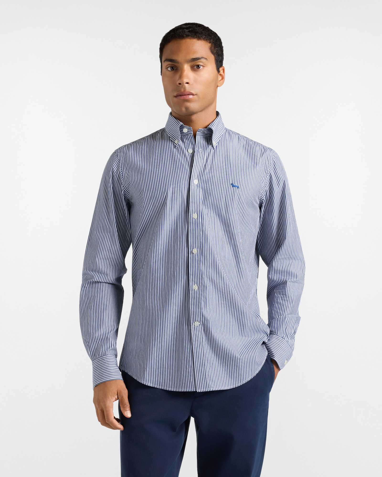 Camicia Uomo riga fondo colorato tinto filo Regular Fit blu