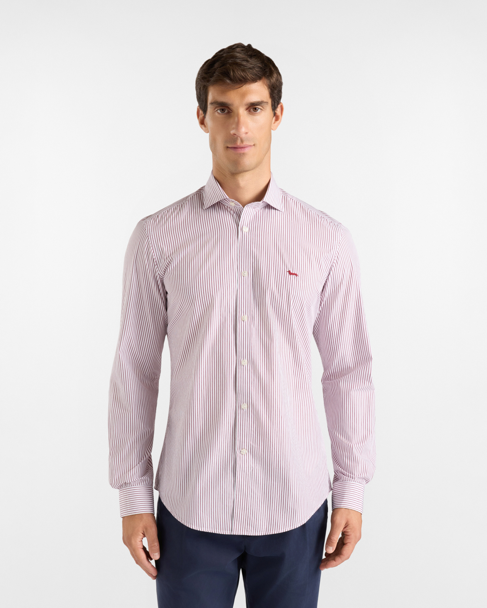 Camicia Uomo a righe su fondo bianco tinto filo Narrow Fit rosso
