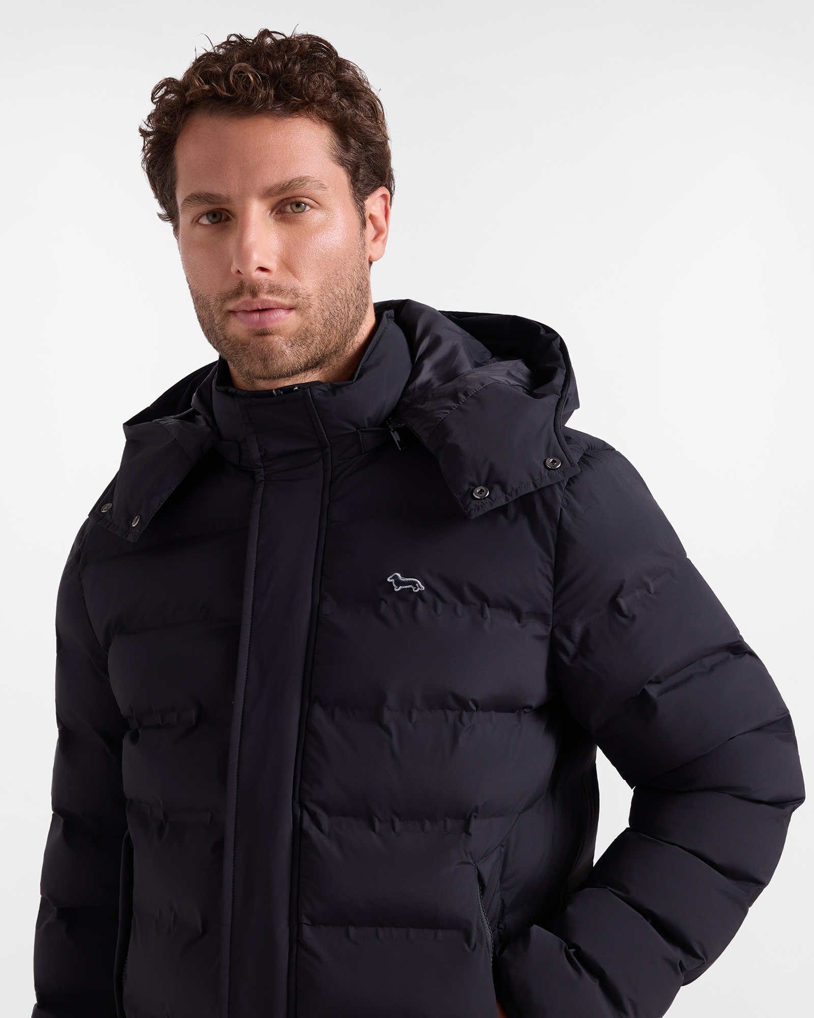 Chaqueta larga acolchada para hombre con capucha desmontable de nailon t&eacute;cnico, NEGRO, large
