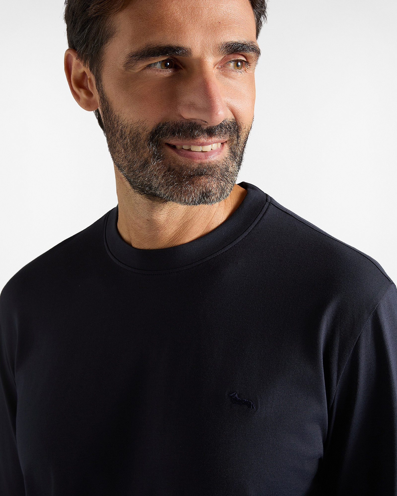 Camiseta de manga larga para hombre de jersey de algod&oacute;n puro con un teckel en contraste, AZUL MARINO, large