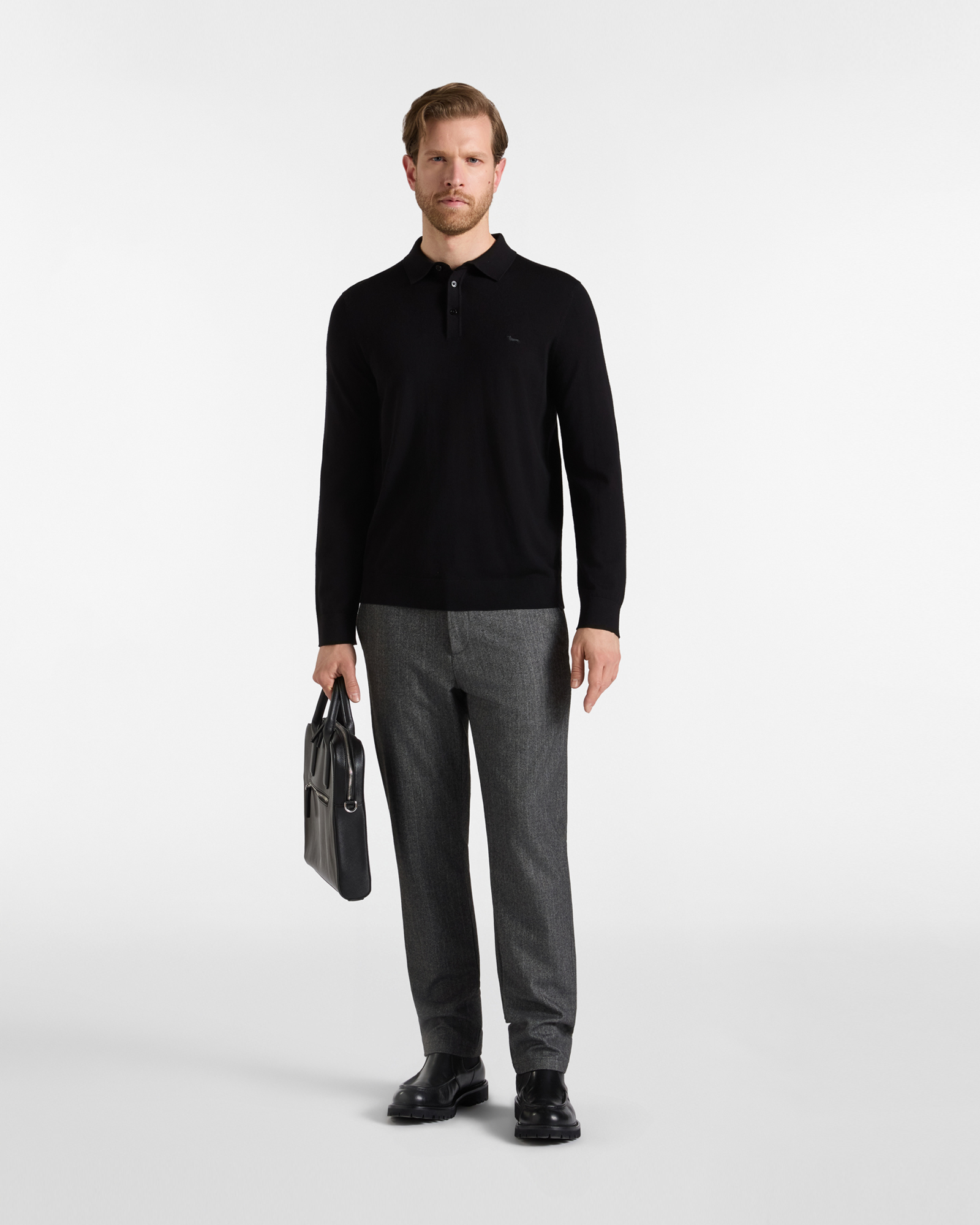 Men's buttoned polo shirt collar sweater in 100% pure wool with regular fit, BLACK, large