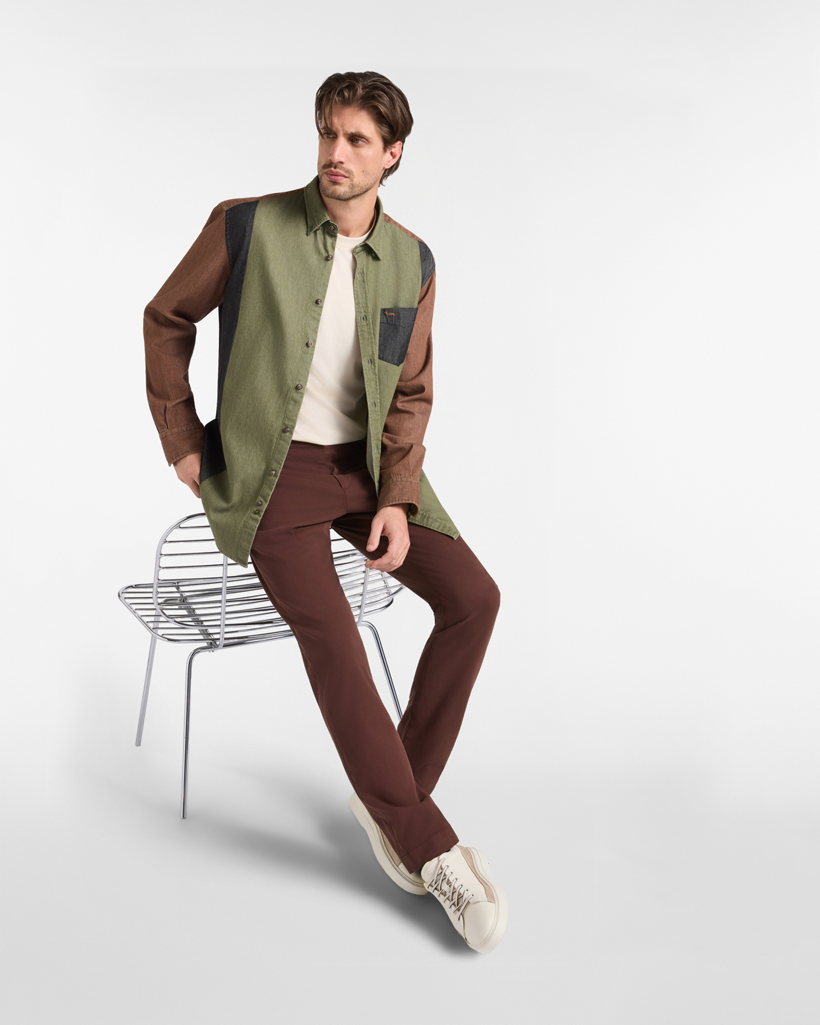 Men's colorful classic fit shirt in patchwork denim, BROWN, large