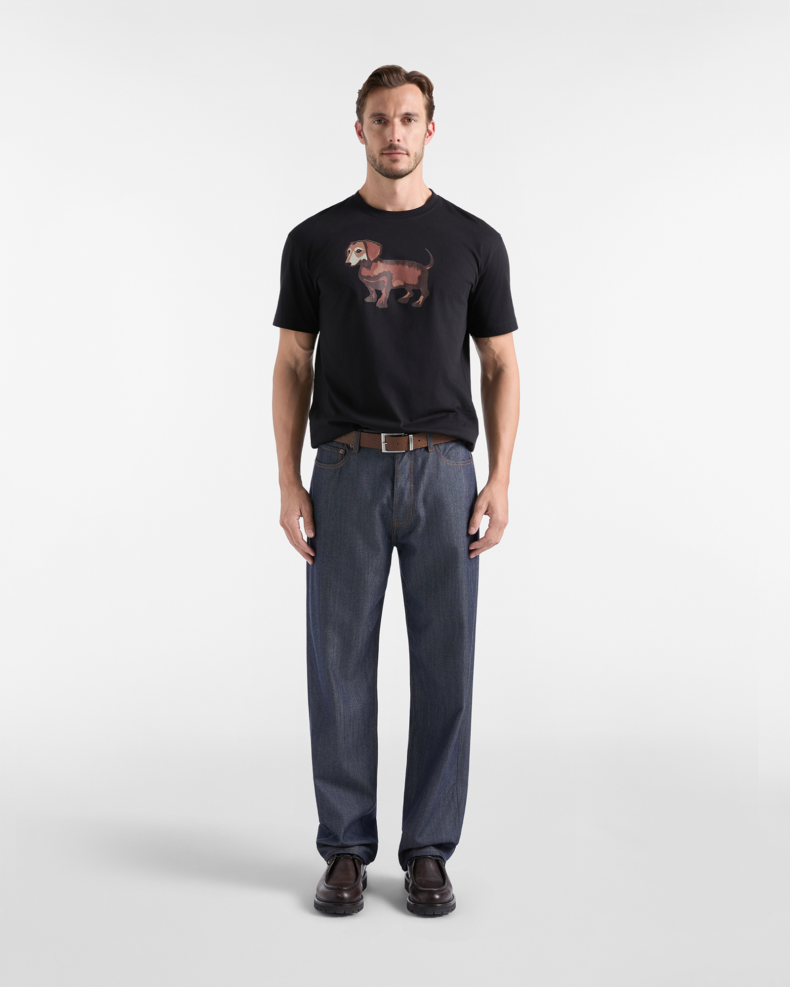 Men&rsquo;s Pure Cotton Jersey T-shirt with Watercolour-Effect Dachshund Print, BLACK, large