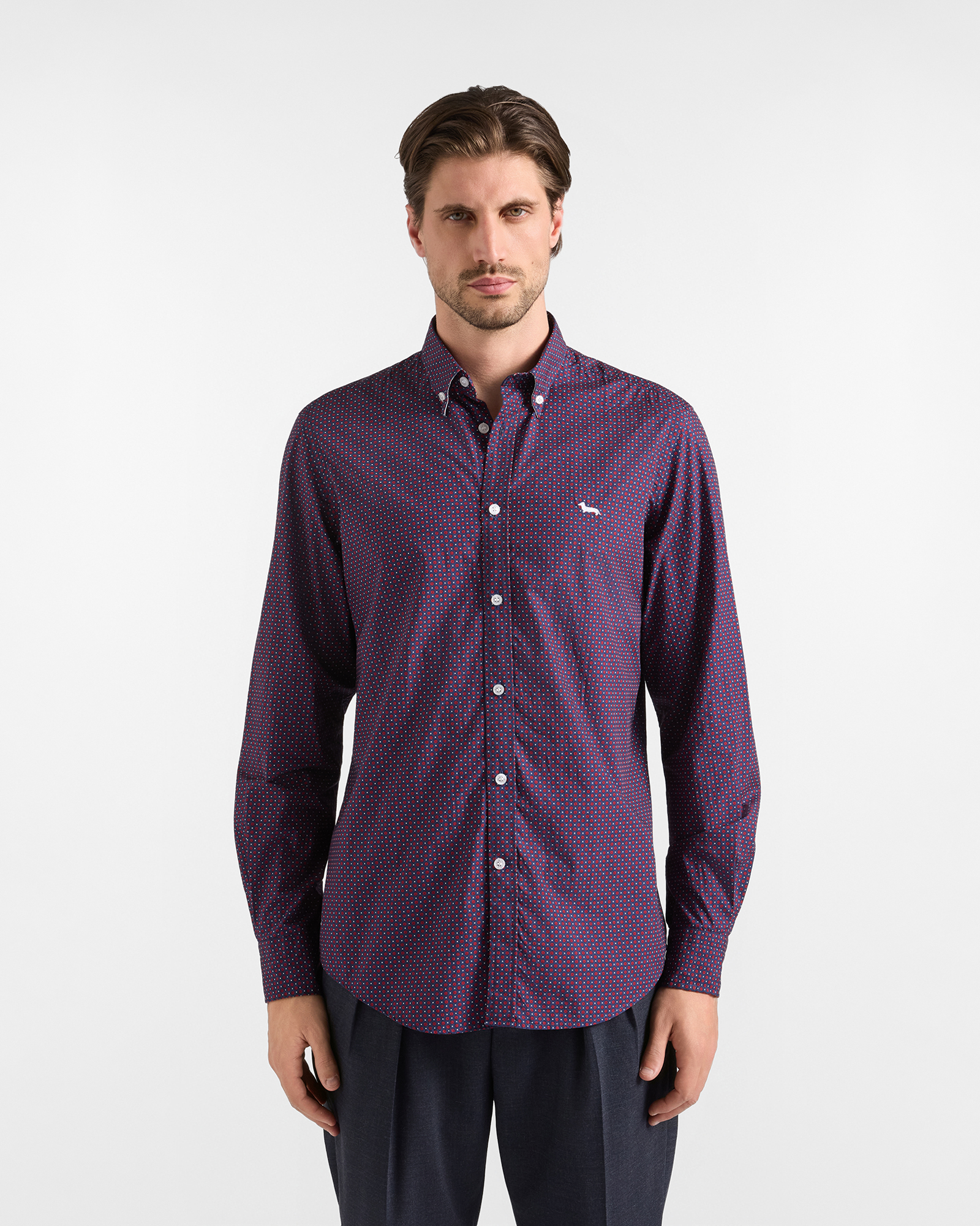 Chemise homme rouge en popeline &agrave; micro-motif g&eacute;om&eacute;trique Regular Fit