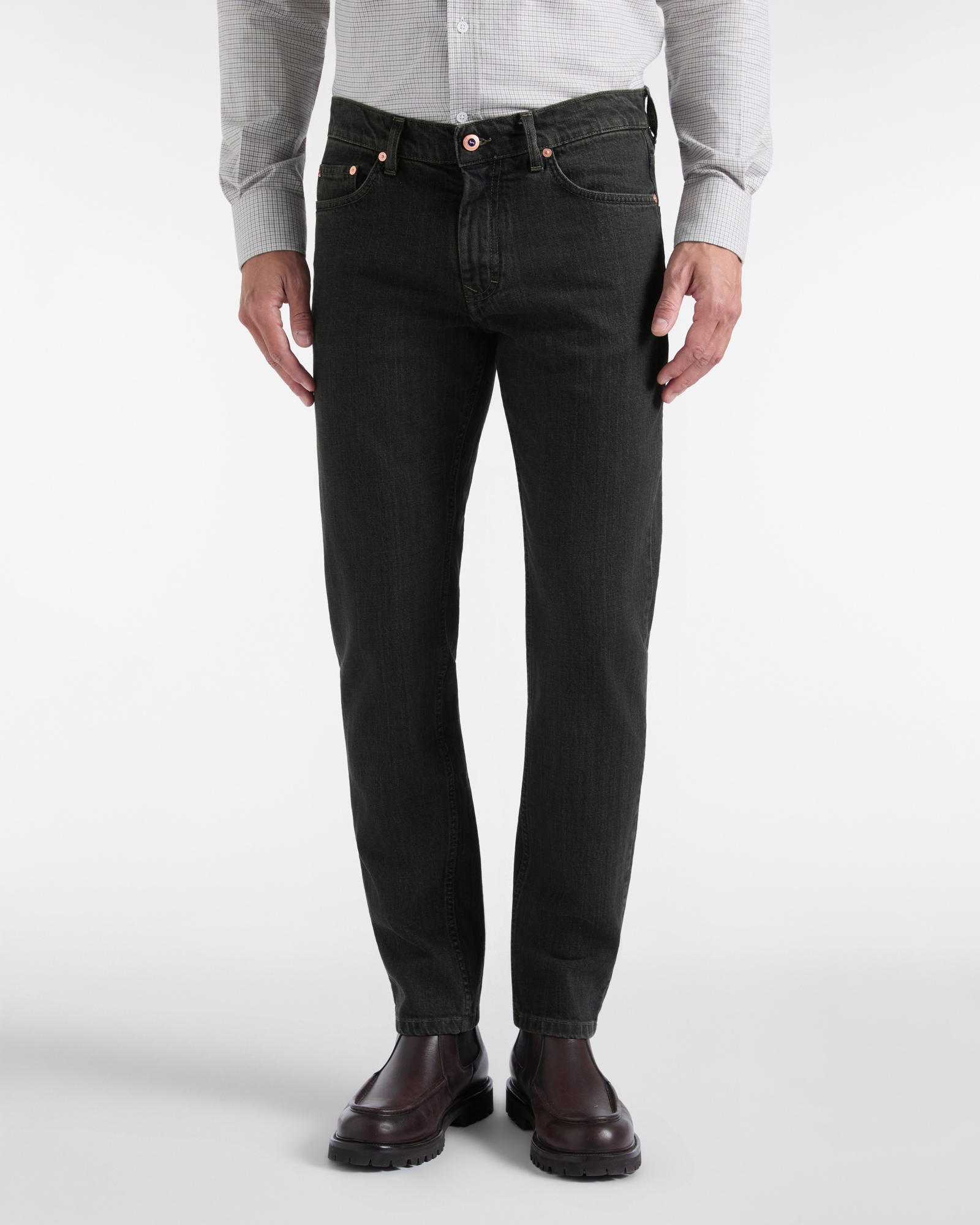 Herren-5-Pocket-Jeans aus gr&uuml;nem Stretch-Baumwoll-Denim