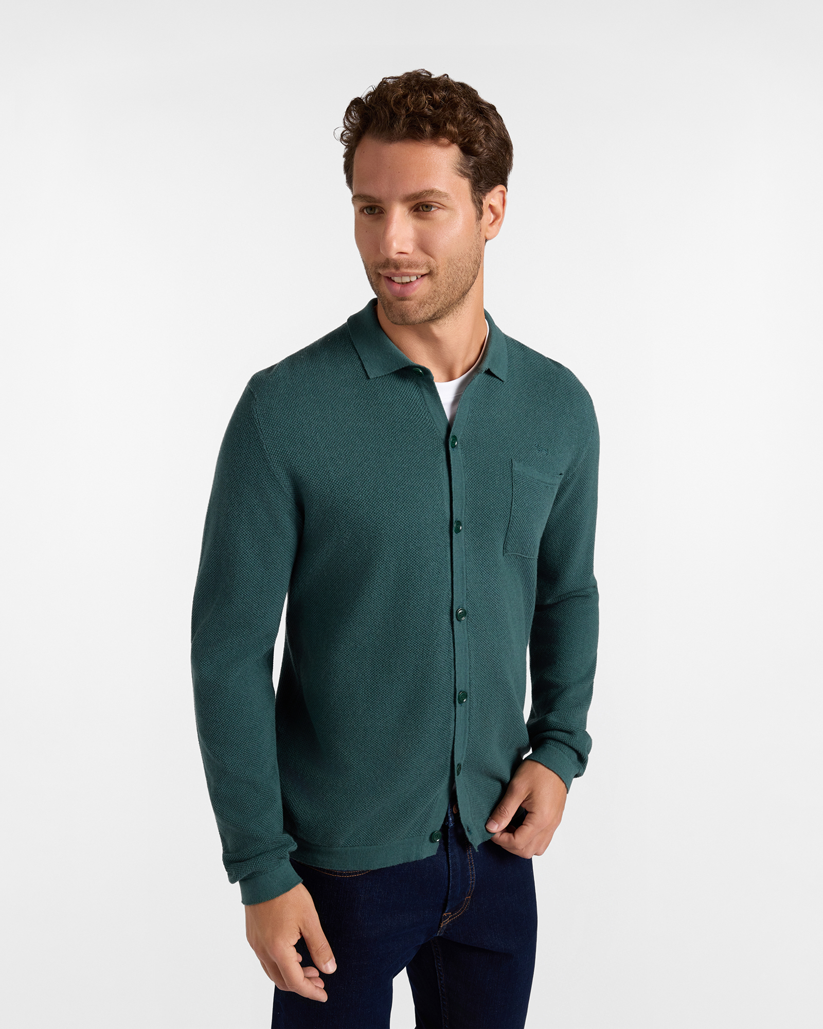 Maglia Uomo con colletto polo abbottonato in misto lana e cotone  Regular Fit Made in Italy, VERDE BOTTIGLIA, large
