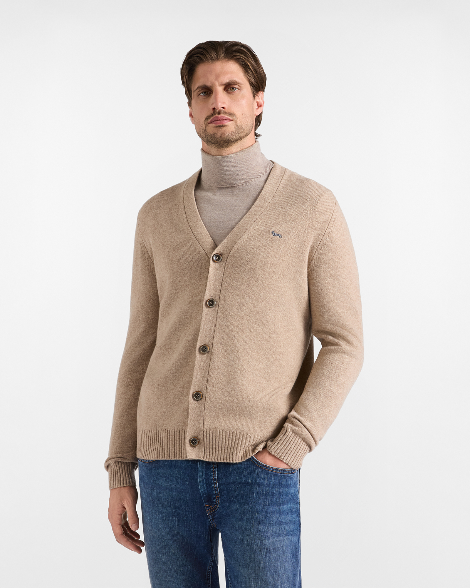 C&aacute;rdigan Hombre con cuello de pico c&aacute;rdigan en mezcla de lana y cachemir color beige Regular Fit Made in Italy